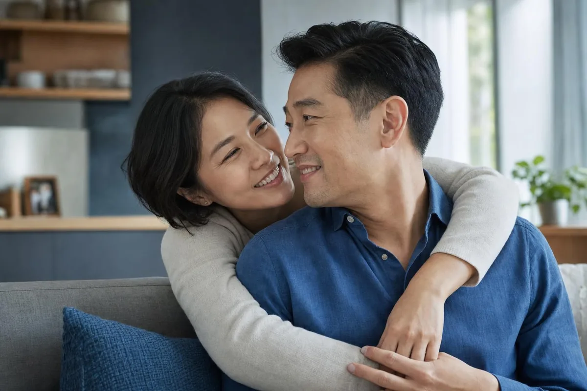A couple relaxing together on a sofa