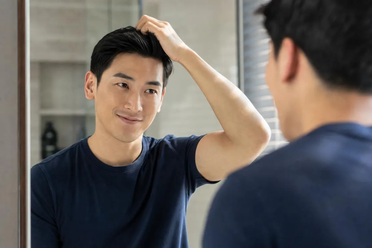 A man checking his hairline in the mirror