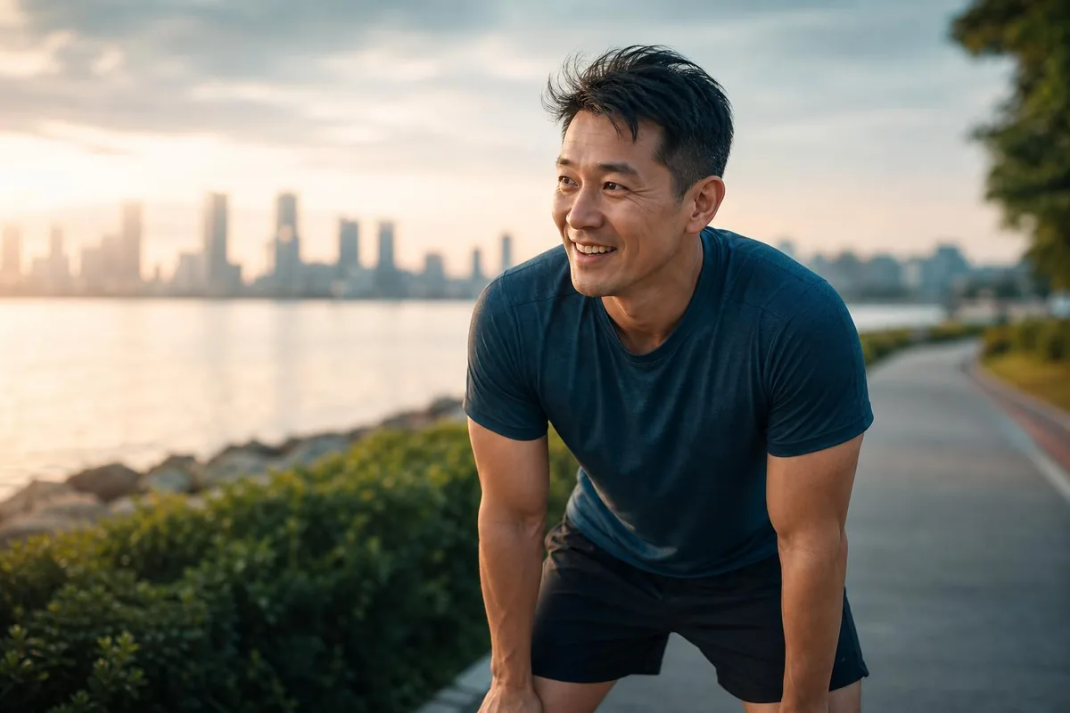 A man smiling by the sea after a workout