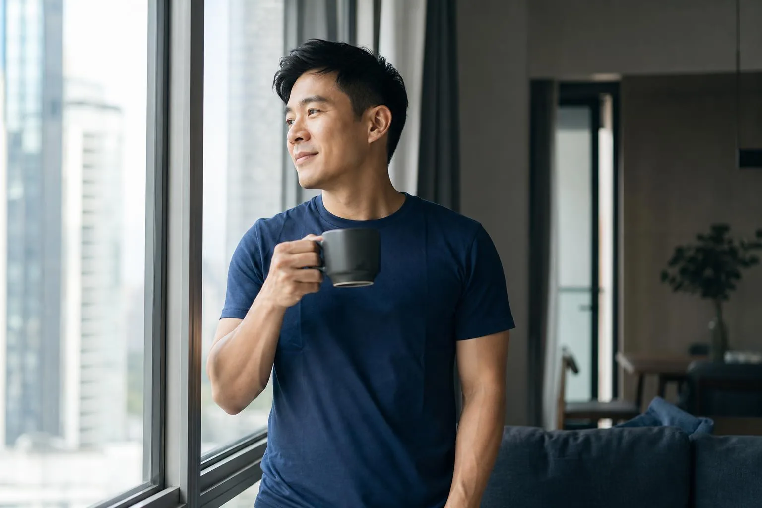 A man with a coffee by the window