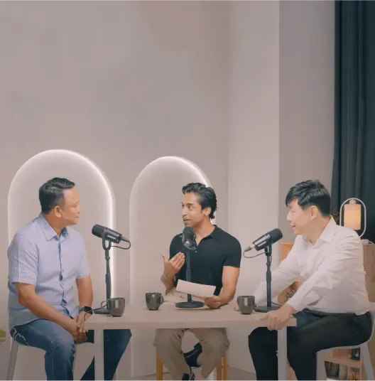 Fandi Ahmad, Kishan J and Dr Kevin Chua in the Noah podcast studio