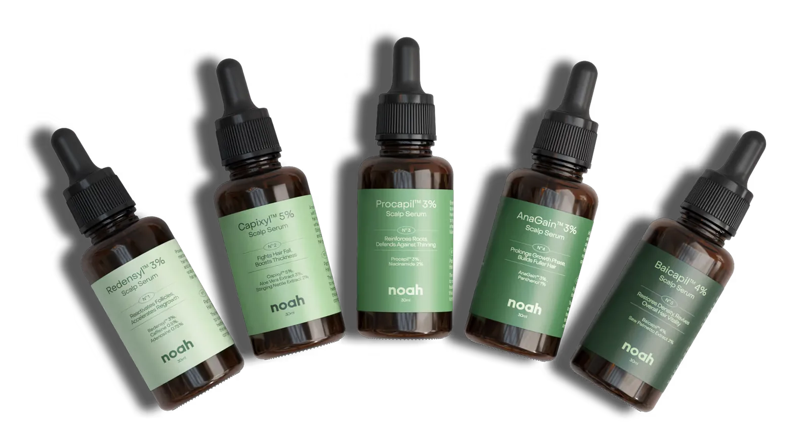 Five Noah hair serum bottles in a row