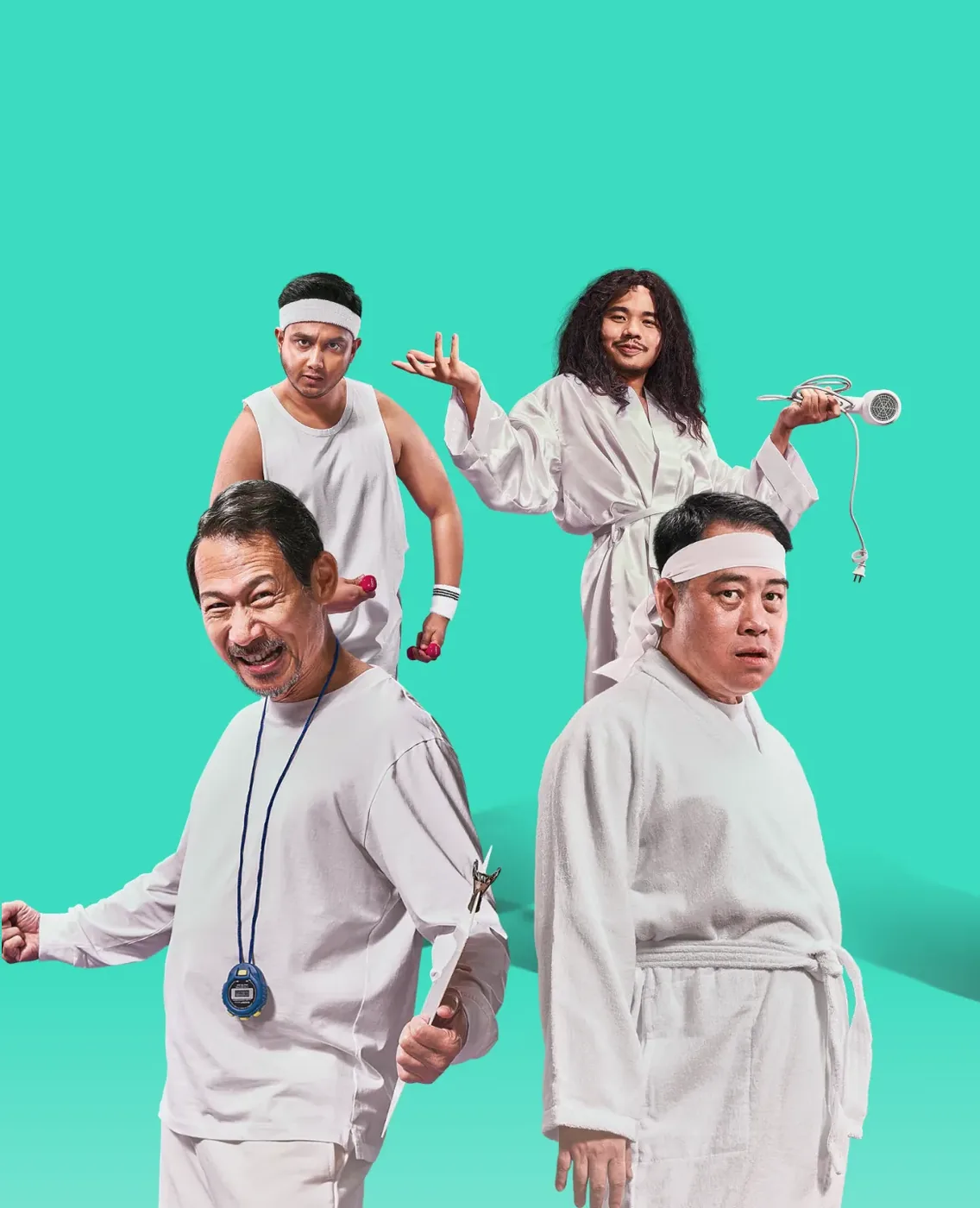 Four men in white robes and headbands posing playfully