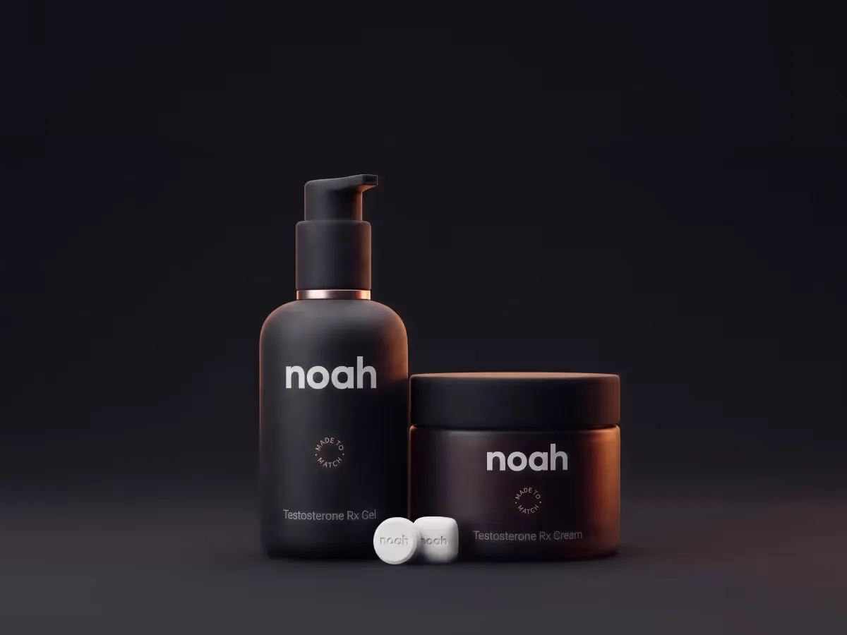 Noah testosterone gel and cream on a dark background