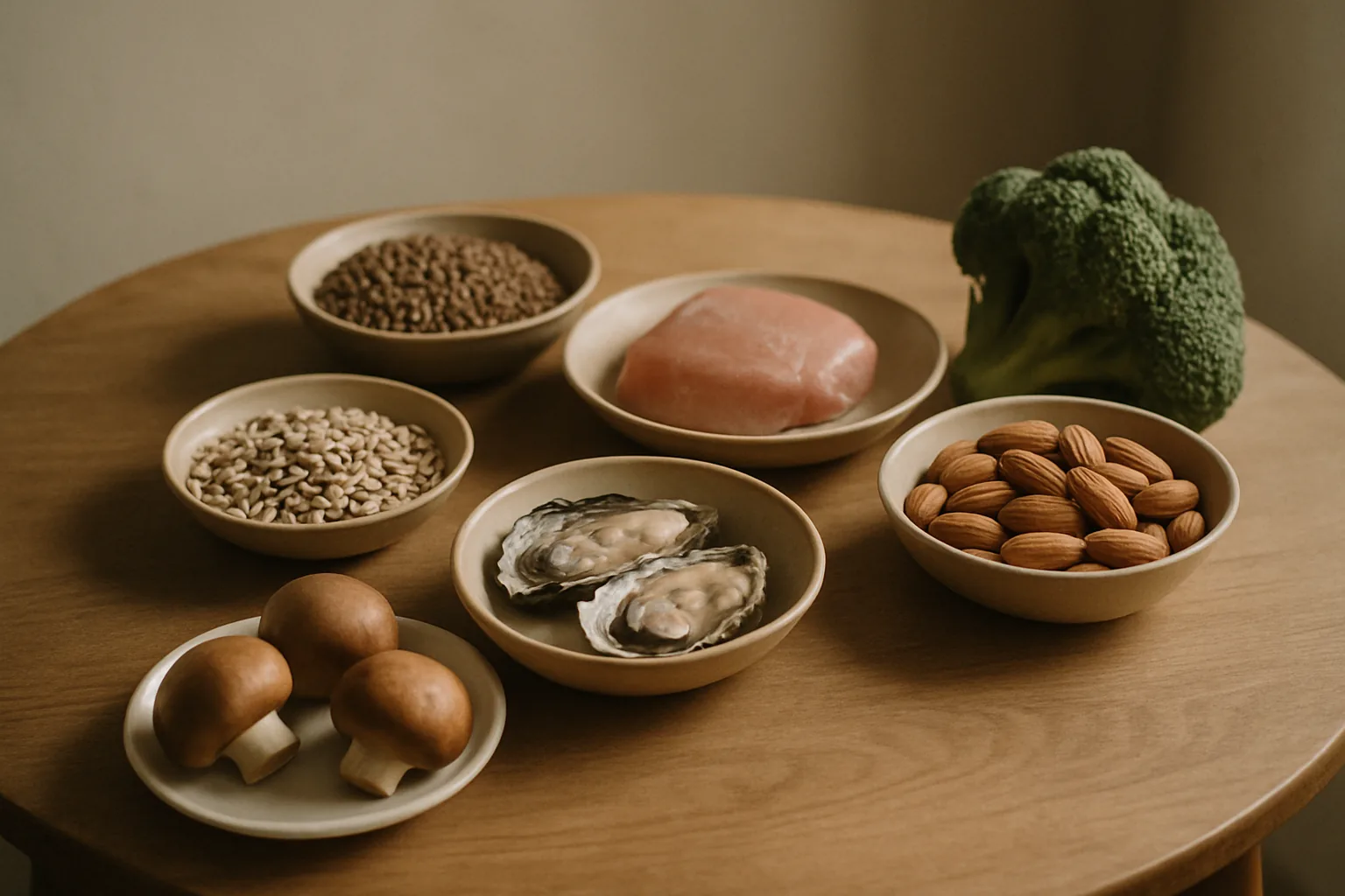 Zinc-rich foods on a wooden table: oysters, chicken, almonds, lentils, mushrooms and broccoli