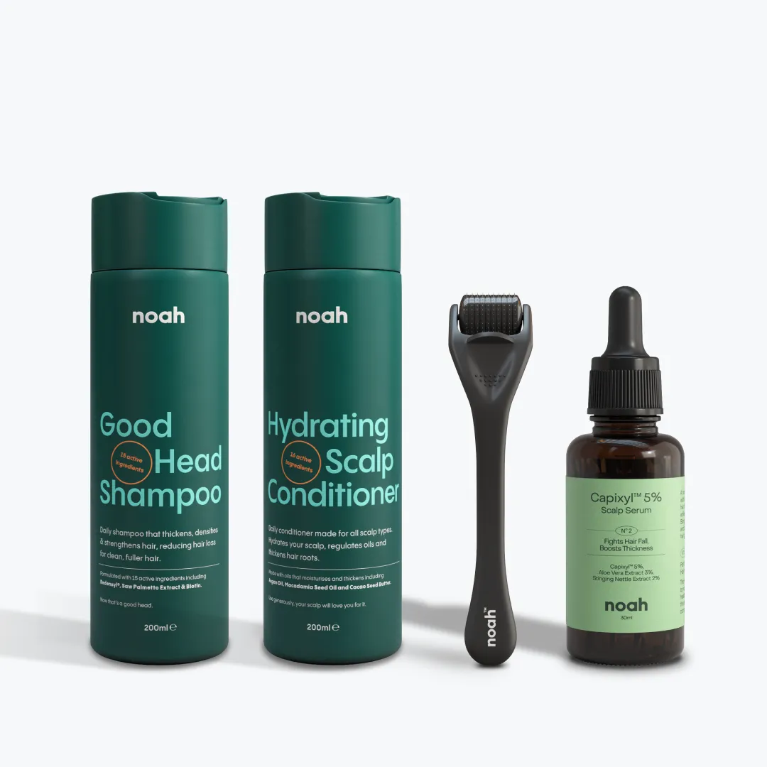 Shampoo, conditioner, derma roller and Capixyl serum