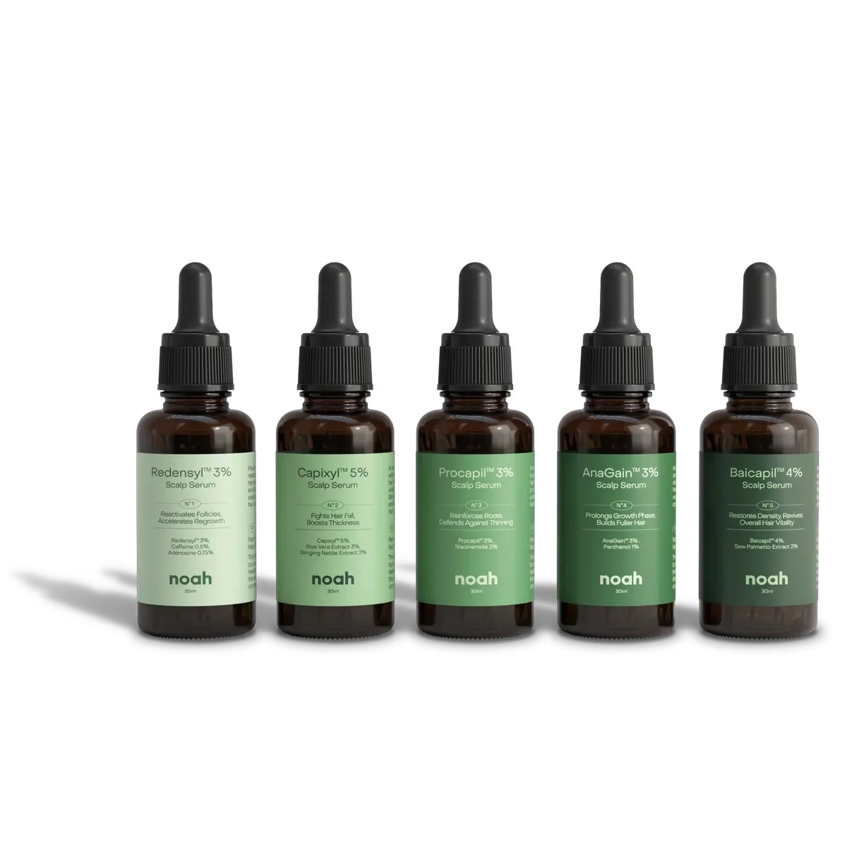 Five Noah hair serum bottles in a row