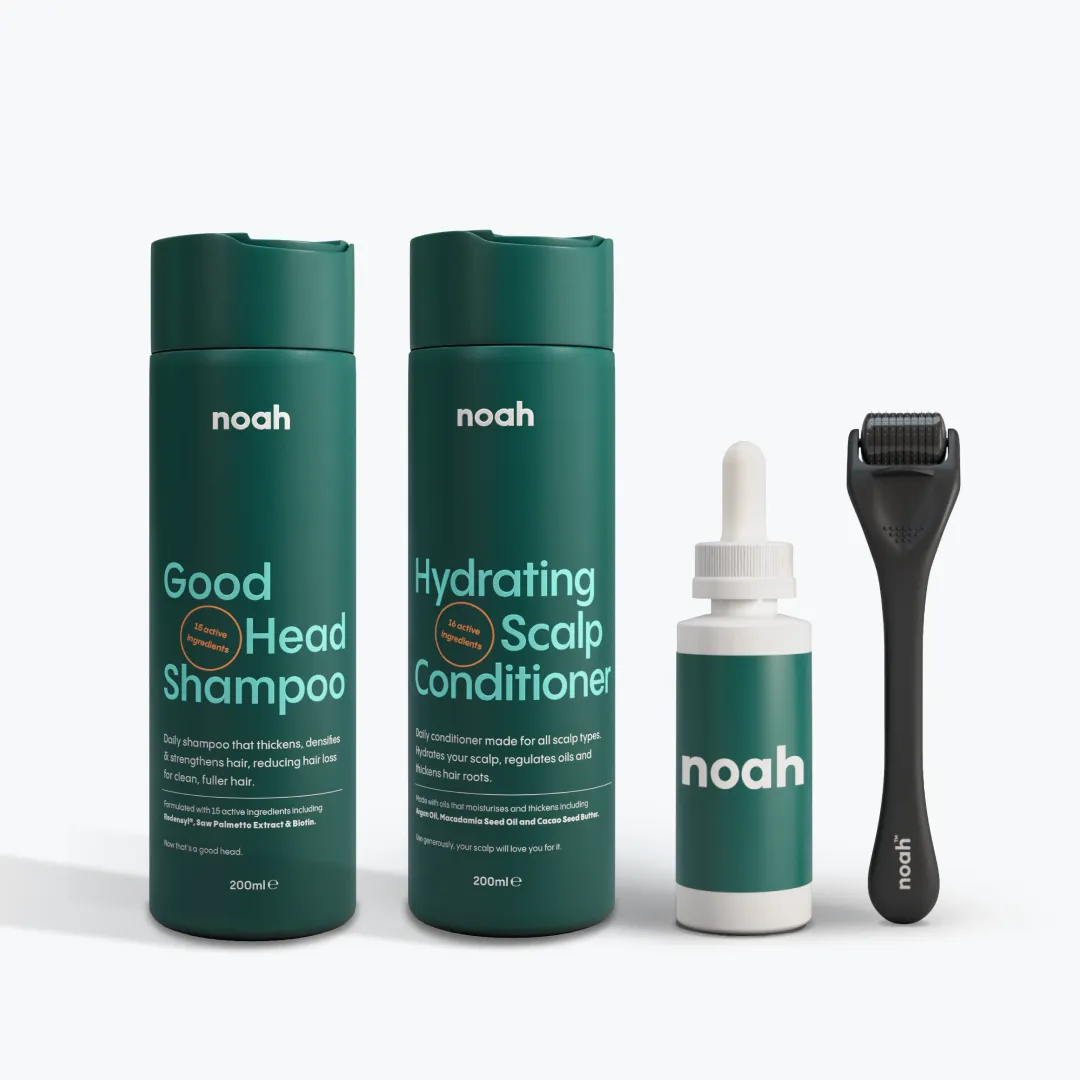 Shampoo, conditioner, Minoxidil 5% and derma roller