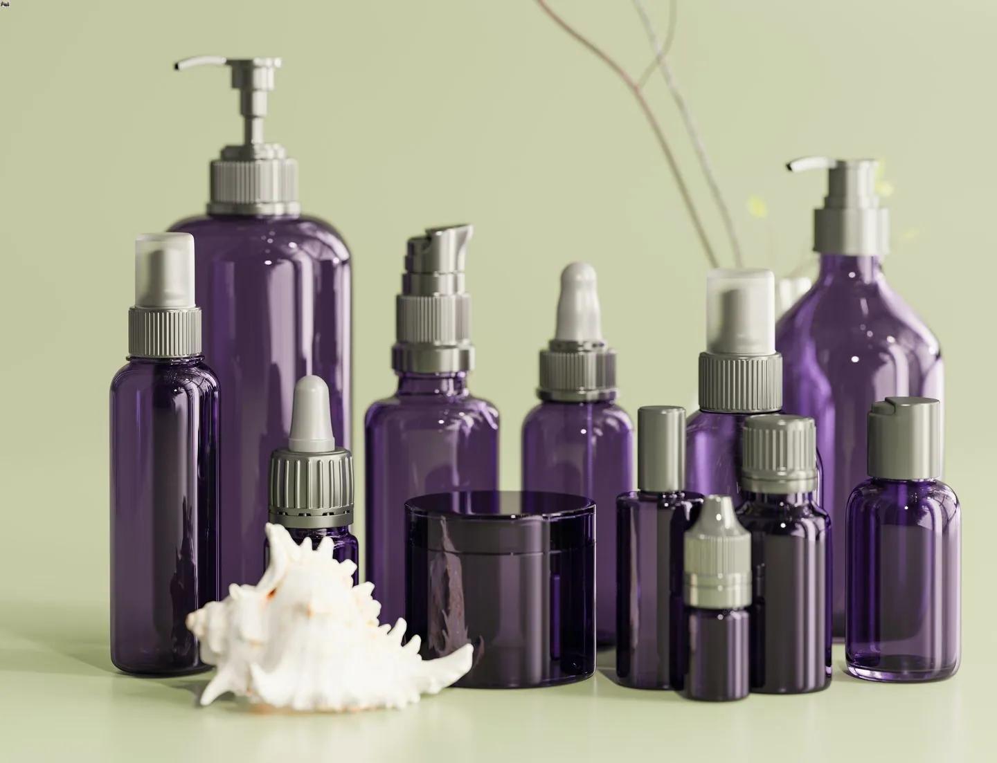 A collection of purple spray container bottles