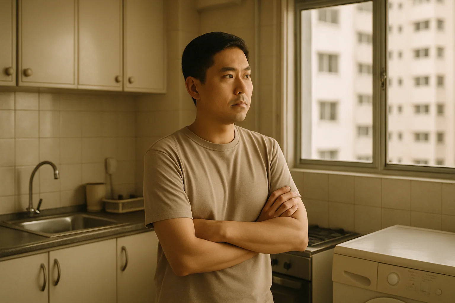 Hero image: an Asian man, 35–45, standing in a kitchen in an HDB flat, arms folded, jaw tight, staring at nothing in particular — the posture of someone containing frustration rather than expressing it. Natural daylight. Quiet domestic setting.