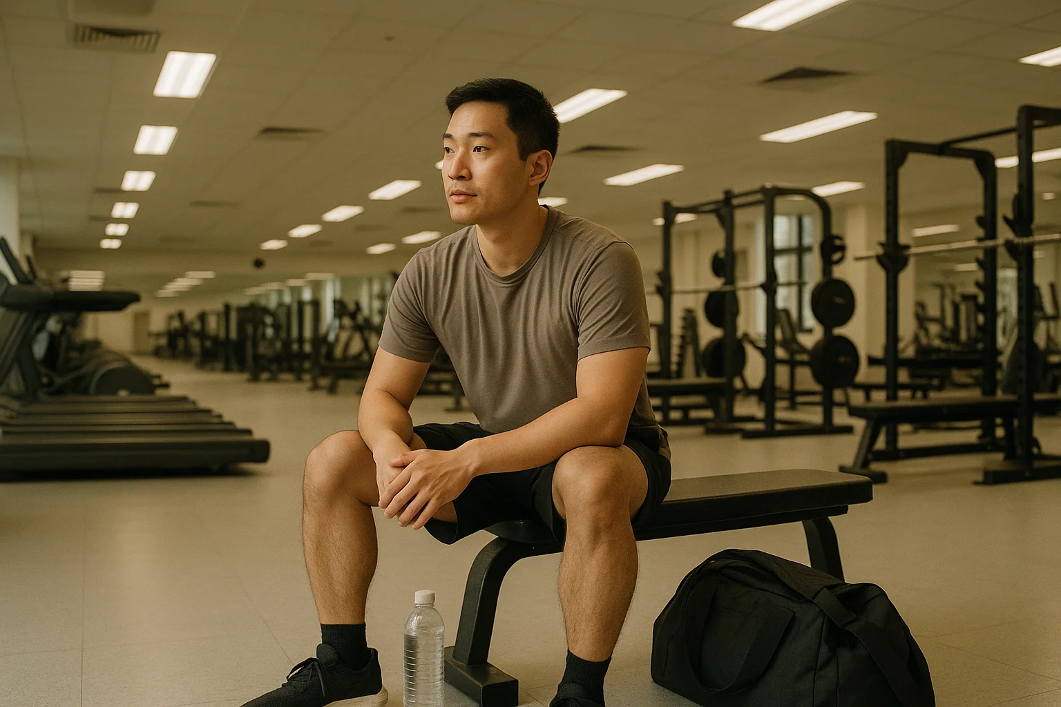 Hero image: an Asian man, early 30s, in a gym or sports facility — lying on a bench looking at the ceiling rather than exercising, gym bag nearby. Fluorescent light, slightly tired expression. Physically present but mentally elsewhere.