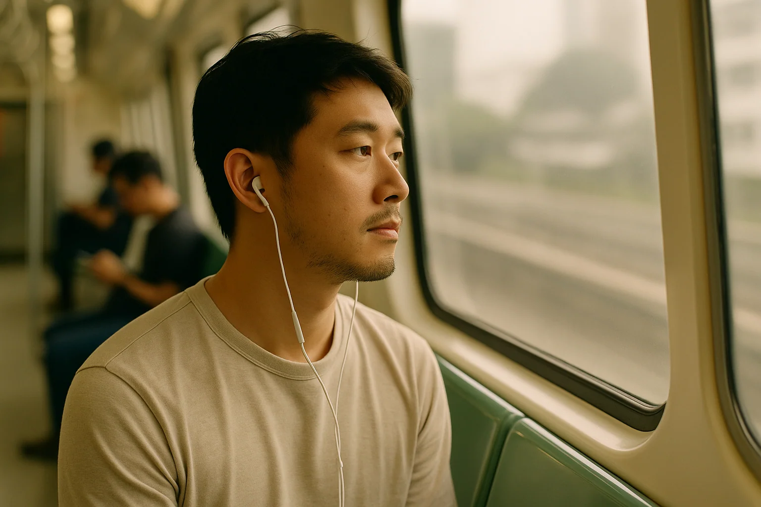 Hero image: side profile of an Asian man, 30s, on the MRT, earphones in, looking out the window — slightly unfocused gaze. Commuter background blur. Morning light. Neutral palette.
