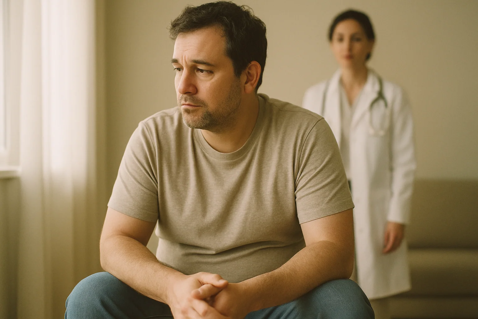 A man in his 40s looking at himself in the mirror with a calm, thoughtful expression — not body-shaming.