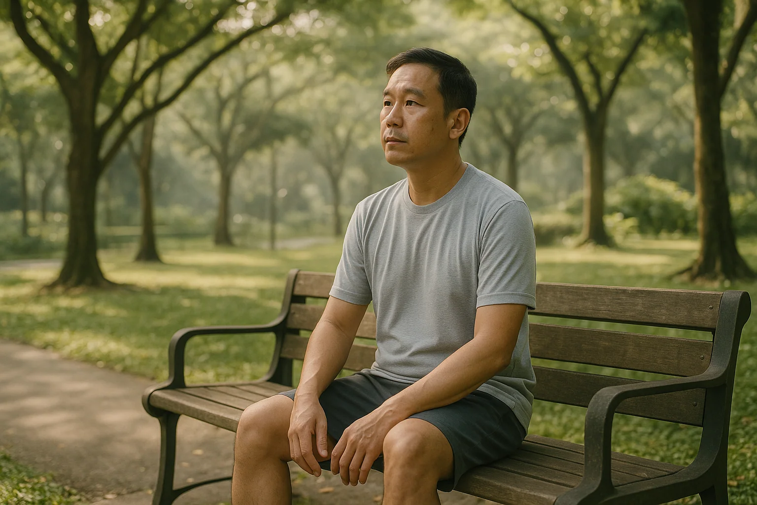 Hero image: an Asian man, late 30s–40s, sitting on a bench outdoors in a Singapore park in the morning — green surroundings, light through trees, relaxed but slightly purposeful posture. The image of deliberate recovery, not vacation.