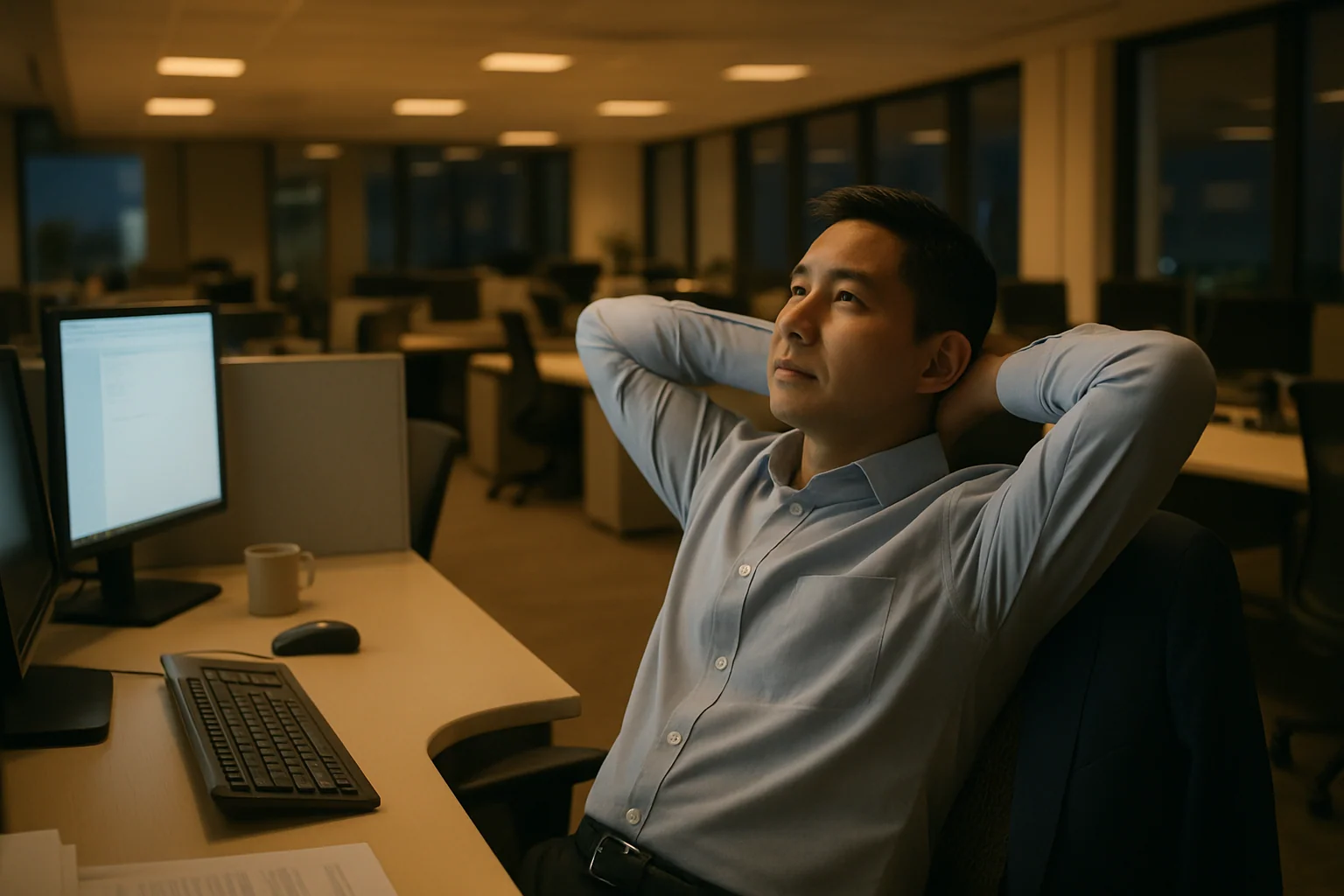 Hero image: an Asian man, late 30s–40s, in an empty open-plan Singapore office late at night — sitting at a workstation, screens on, jacket over chair, head tilted back slightly. Overhead office lighting, silence implied. Not dramatic — just depleted.