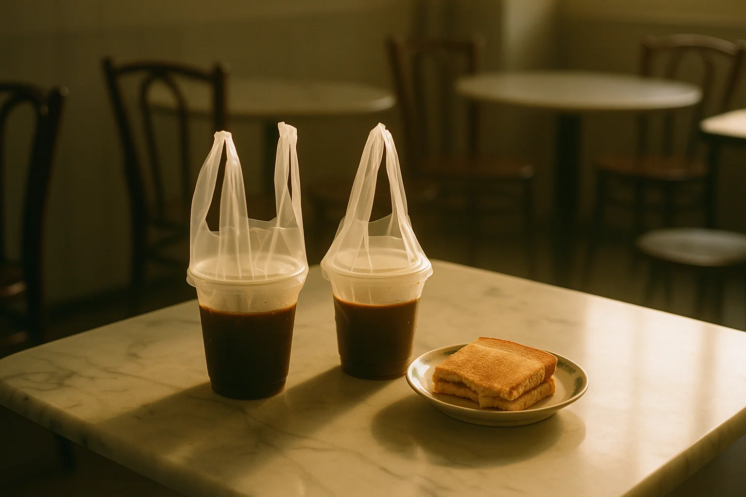 Hero image: a Singapore coffee shop scene — two takeaway kopi cups and a half-eaten toast on a table. Warm morning light. No person in frame. The familiar rhythm of a Singaporean morning, slightly reframed.