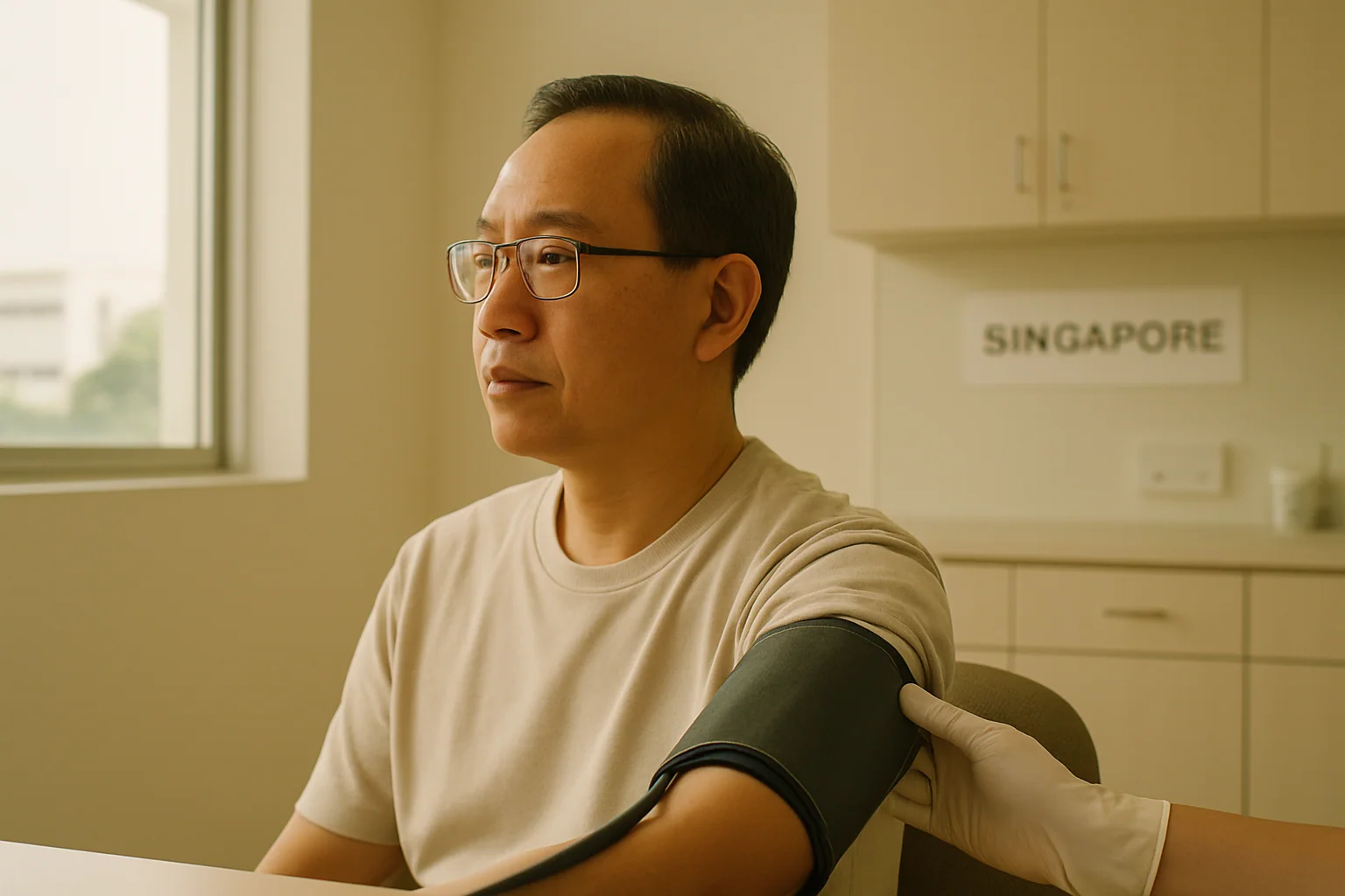 Hero image: a side view of an Asian man, 40s, getting his blood pressure measured at a clinic — sleeve rolled up, looking ahead. Clean clinical Singapore setting. Neutral, health-oriented.