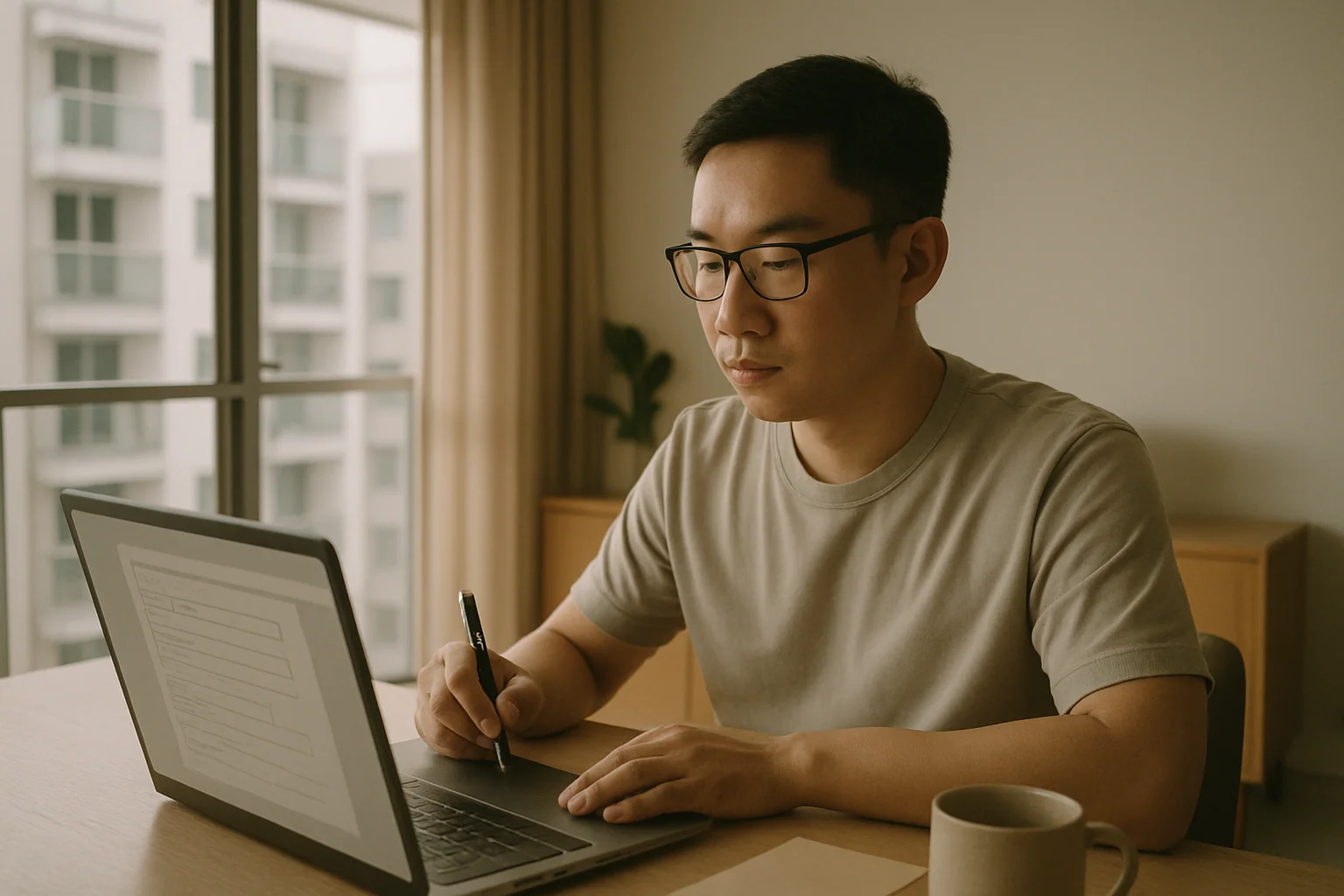 Hero image: A calm, clinical consultation setting — a man at a laptop completing an online medical form, soft lighting, Singapore skyline visible through the window.