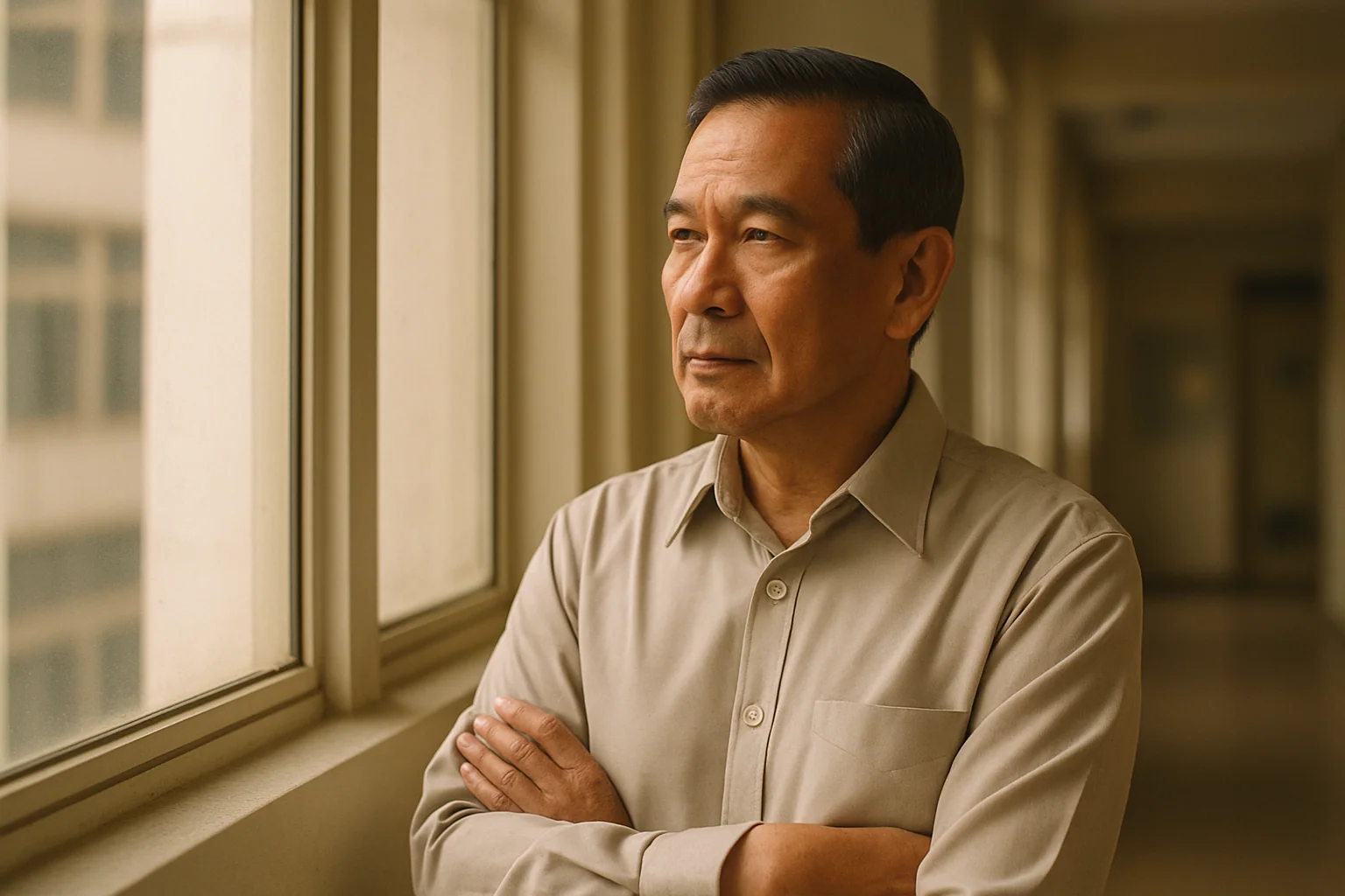 Hero image: A composed, fit man in his late 50s — looking out a window thoughtfully, morning light. Conveys maturity and reflection, not decline.