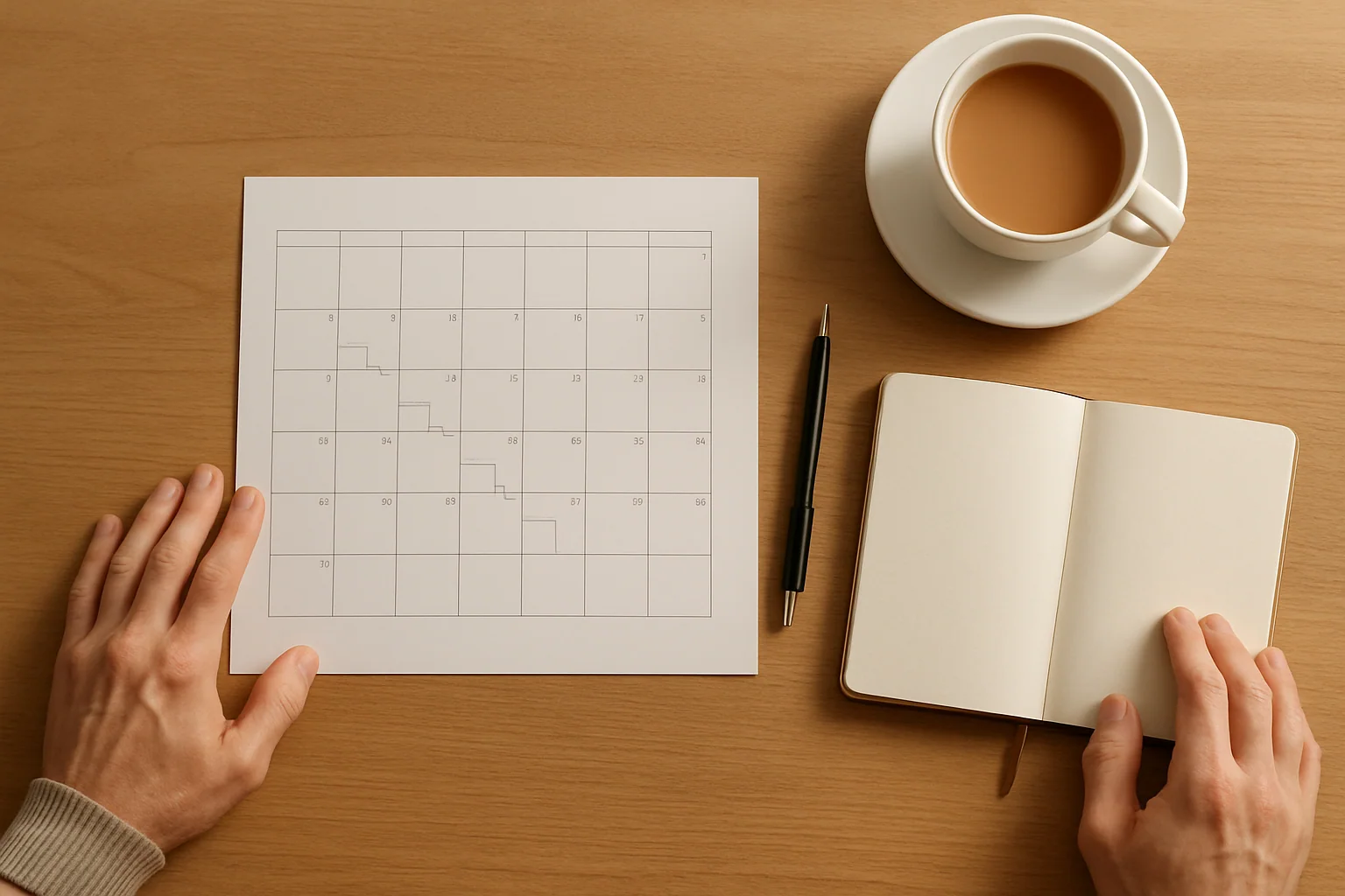 A timeline calendar graphic showing a gradual step-down dosing schedule on a table; Singapore man's hands visible planning on paper, calm and deliberate atmosphere.