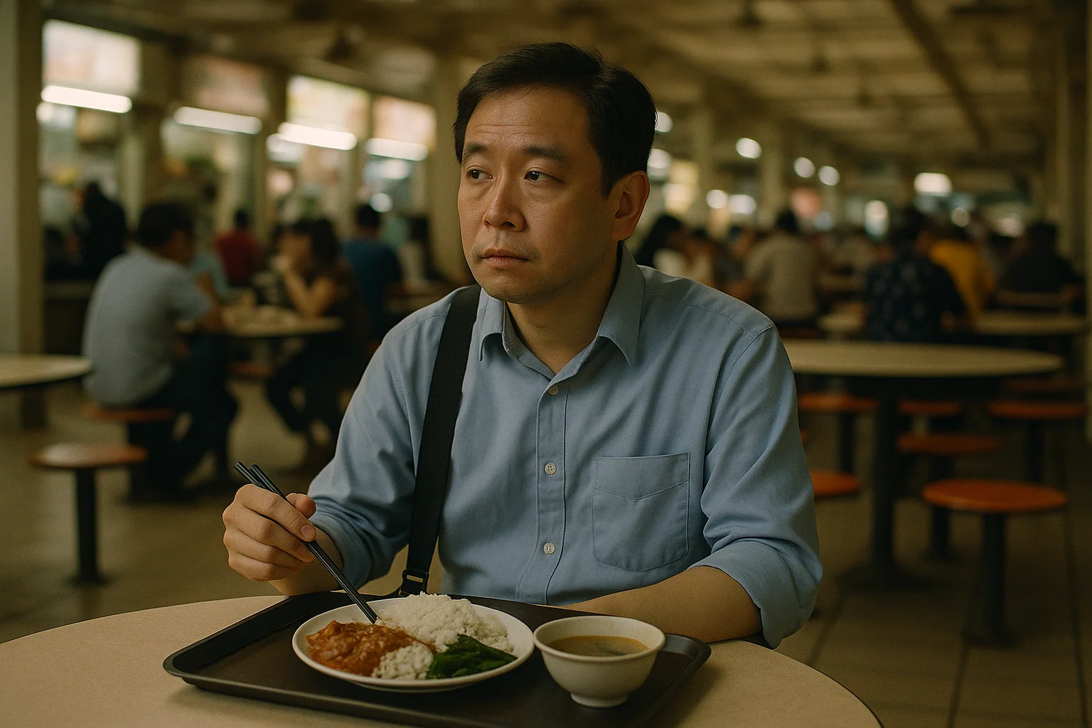 Hero image: an Asian man, 40s, in a Singapore hawker centre environment — eating alone at a table after a long day, slightly distracted. Food in front of him. Not overweight but carrying the signs of a sedentary, pressured life. Warm, documentary feel.