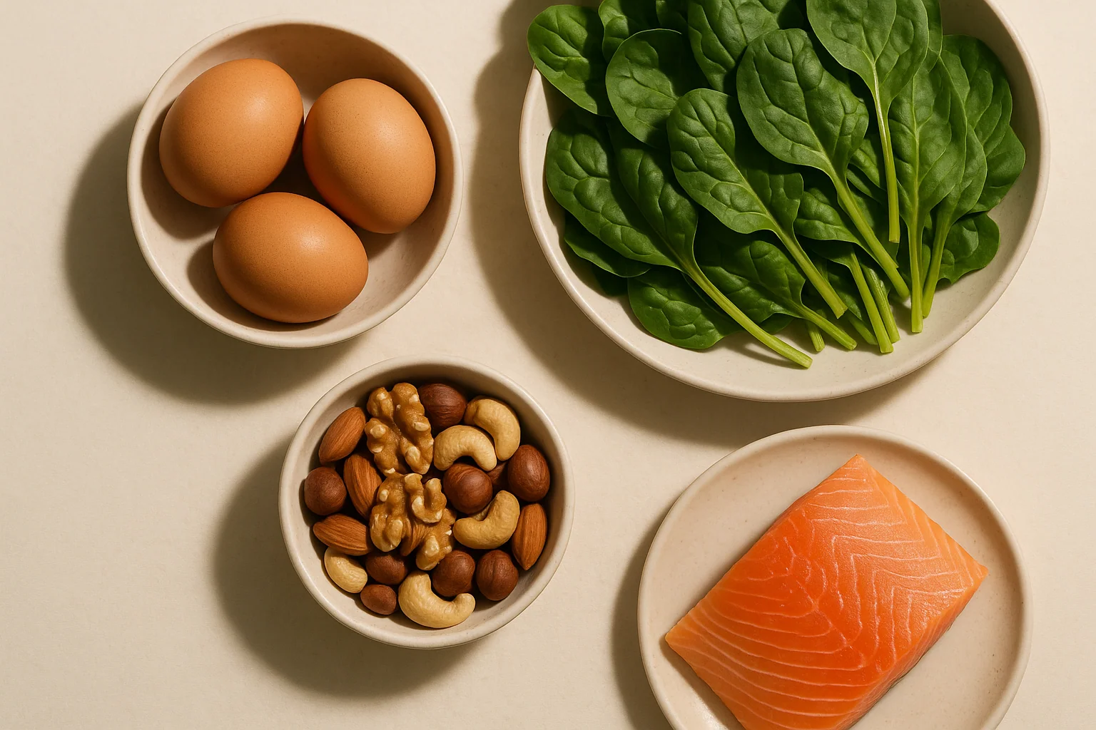 Hero image: Flat-lay of foods associated with hair health — eggs, nuts, leafy greens, fish — arranged on a clean light surface. Editorial, food-photography style. No faces.