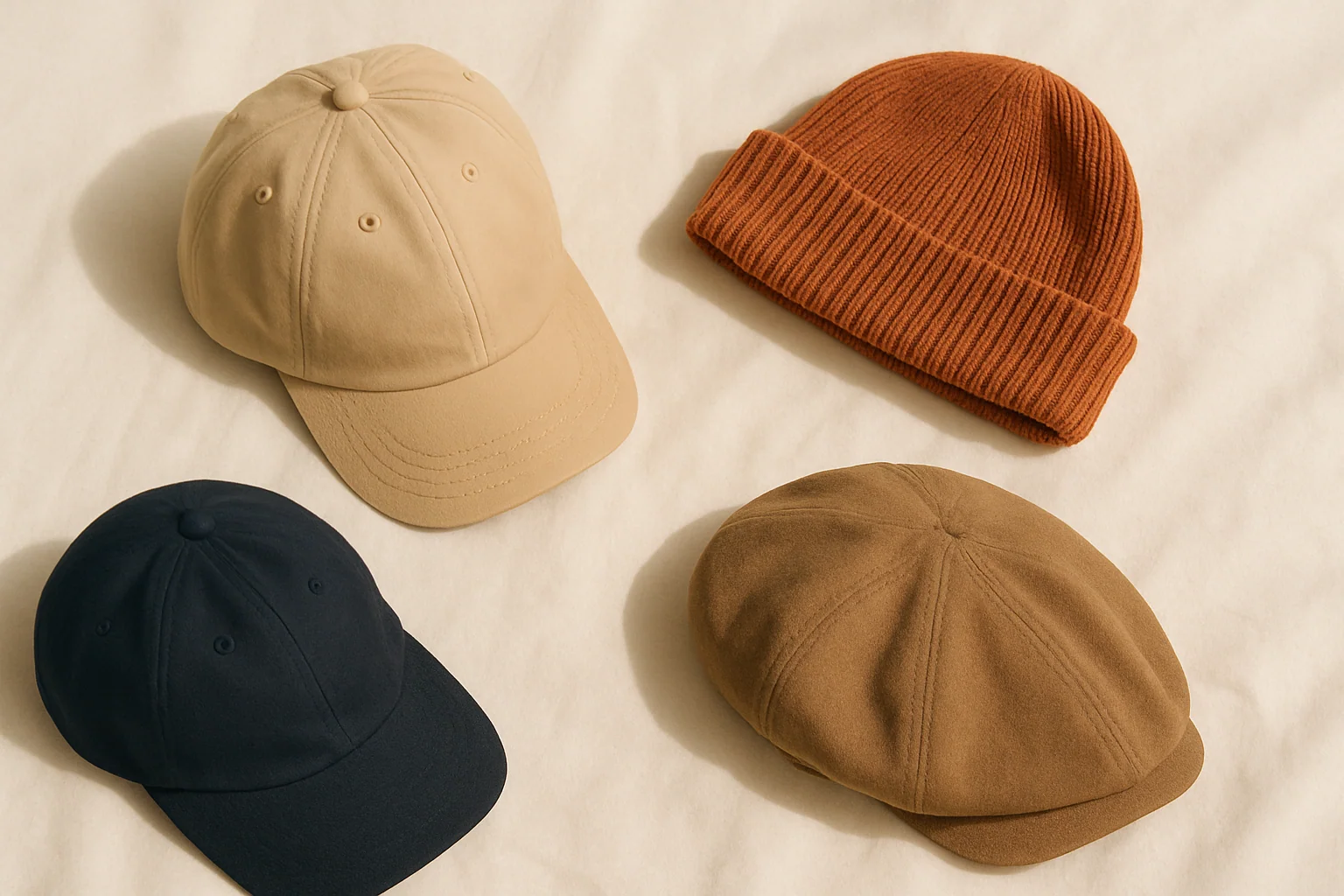 Hero image: Flat-lay of a variety of caps and hats — baseball cap, snapback, beanie — arranged on a clean neutral surface. Playful, editorial tone. No faces.