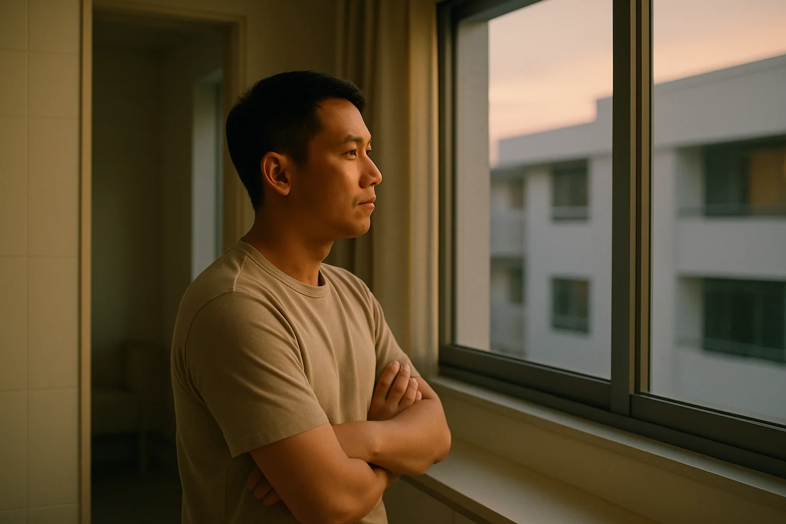 Hero image: A man alone in a calm, modern Singapore apartment setting — perhaps looking out of a window at dusk — contemplative, not distressed. Clean and understated.