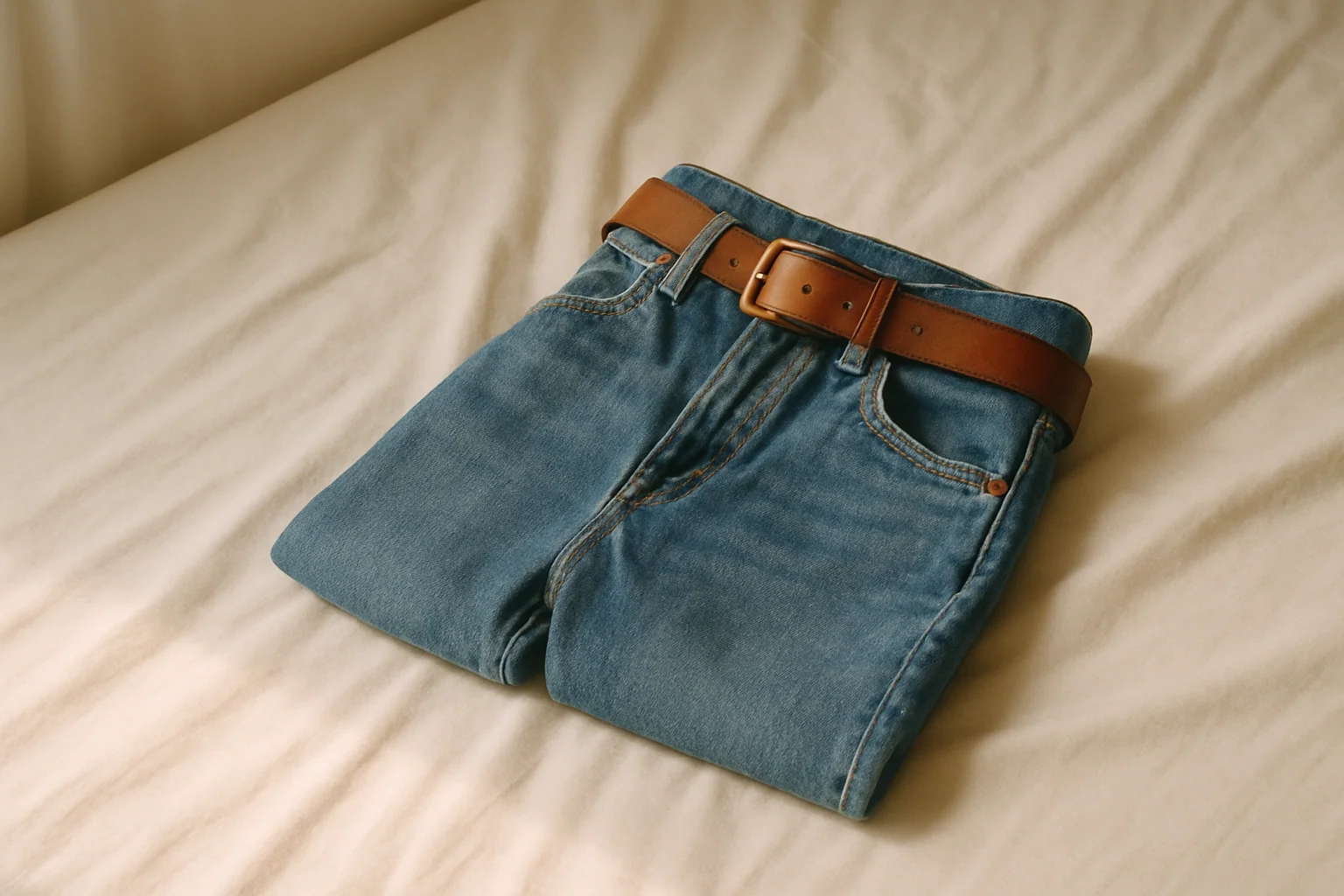 Hero image: A pair of jeans with a belt showing weight loss, laid on a bed — clean and understated. Alternatively, a man looking in a mirror in a positive, calm way. No explicit body imagery.