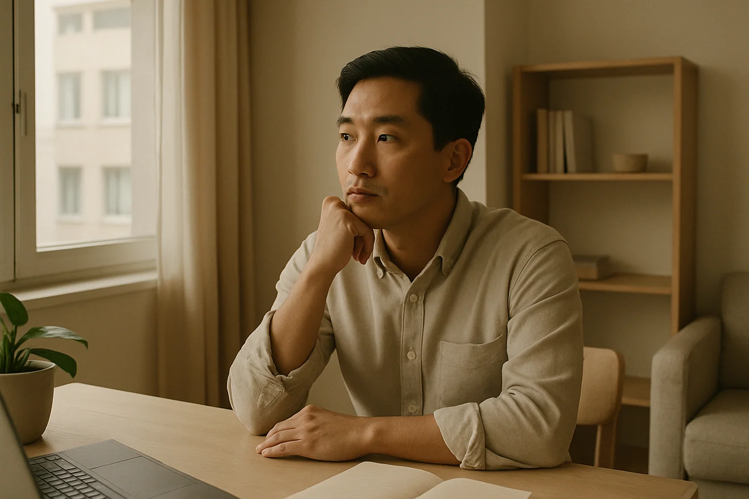 Hero image: A thoughtful man in his early 30s sitting at a desk in a modern Singapore apartment, looking reflective but not distressed — natural lighting, clean and understated.