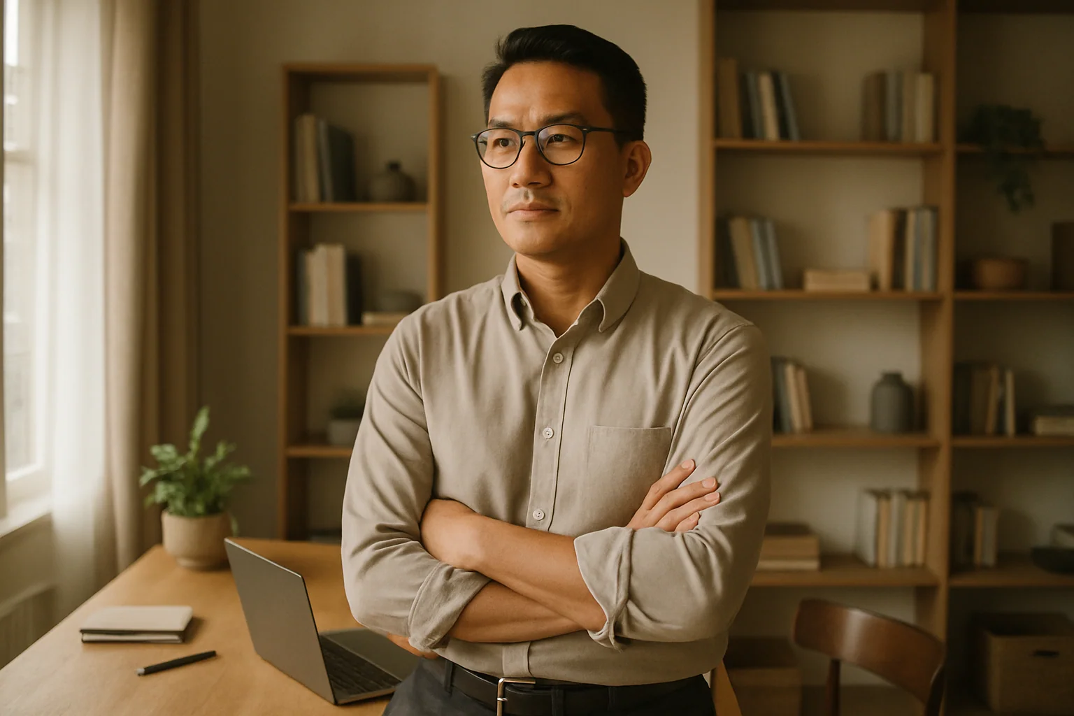 Hero image: A confident man in his early-to-mid 40s in a clean Singapore setting — perhaps a gym or home office — looking forward, composed and purposeful. Natural, unposed.