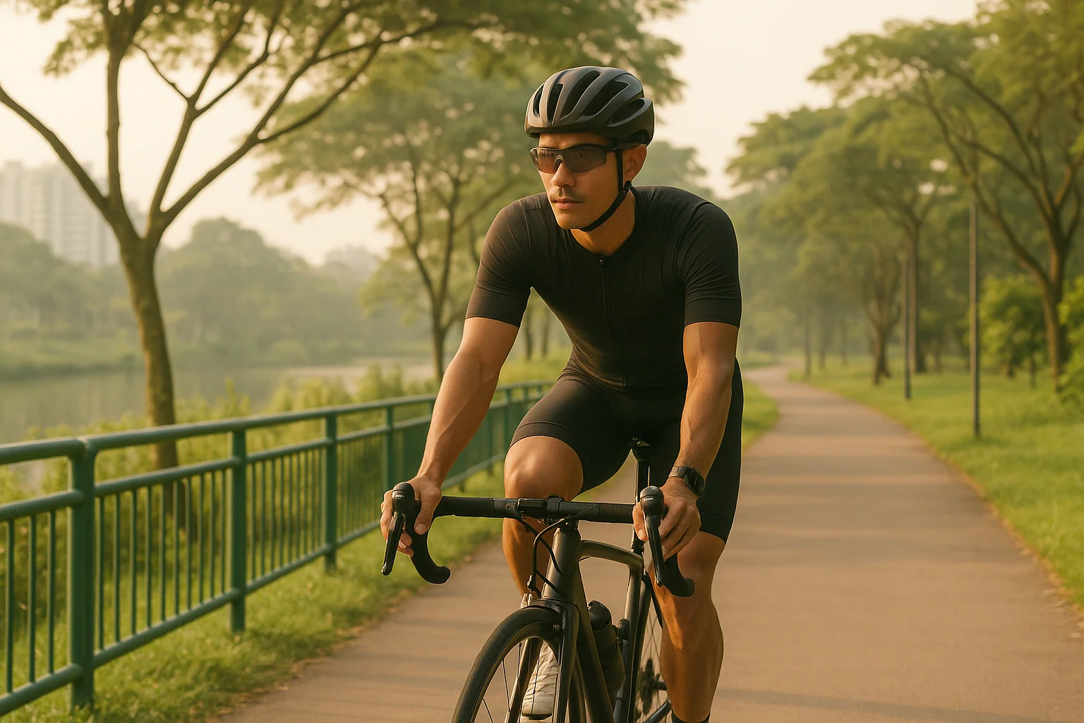 Hero image: A road or path cyclist in Singapore's park connector network — active, fit, outdoors. Clean and positive framing. Not alarmist.