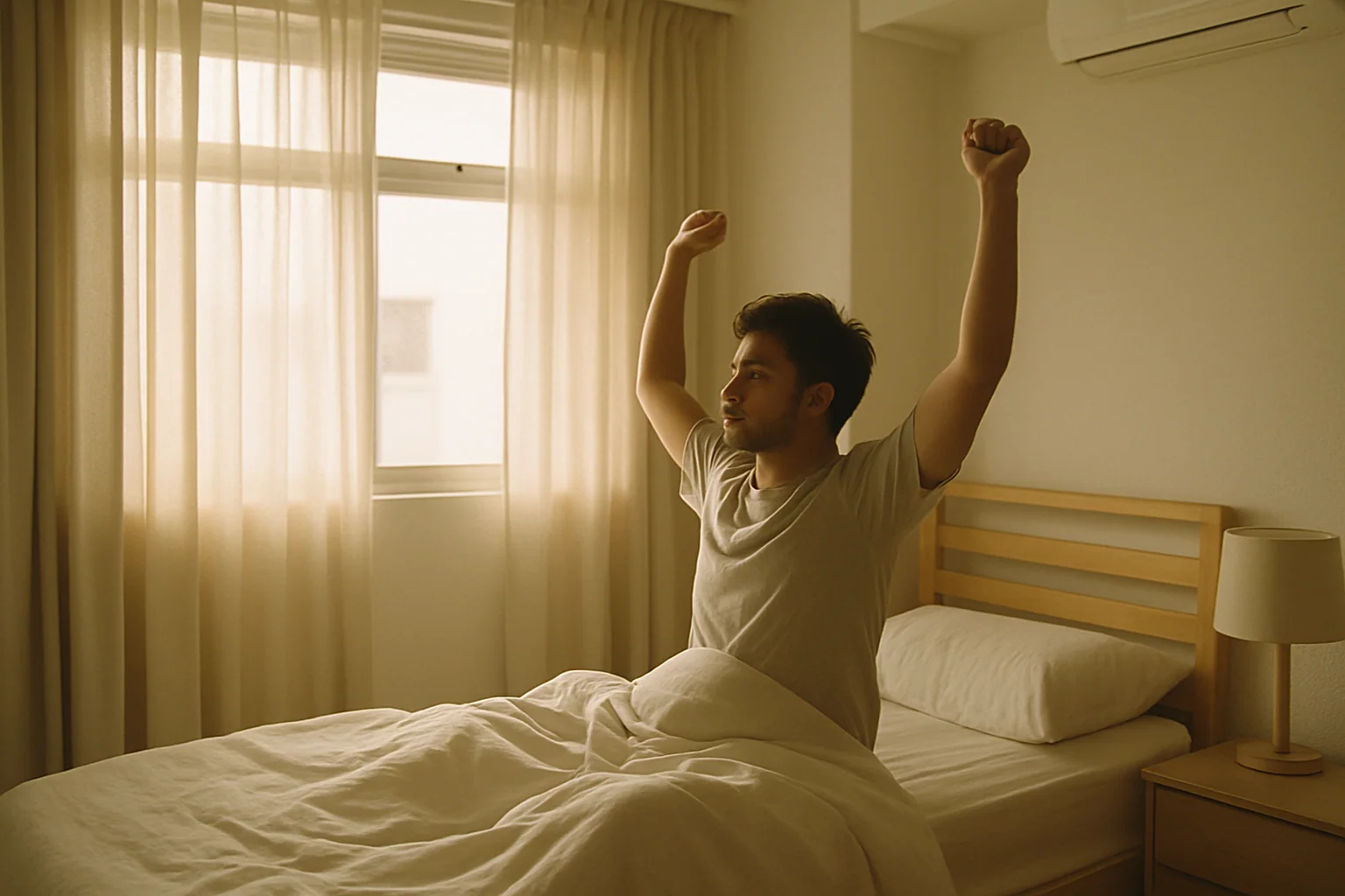 Hero image: A man waking up in a bright, calm bedroom — morning light, comfortable. Not clinical or explicit. Singapore apartment aesthetic.