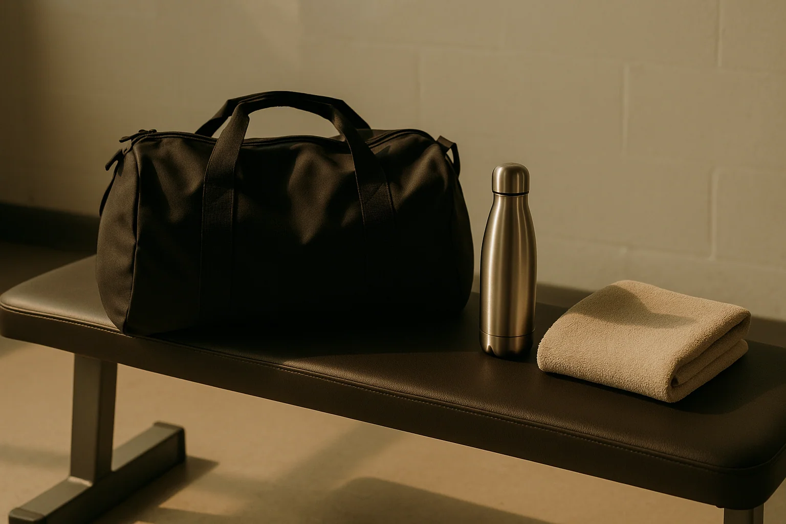 Hero image: A well-used gym bag with a pre-workout supplement tub on a bench — clean, gym-context aesthetic. No models. Singapore gym setting implied by lighting.