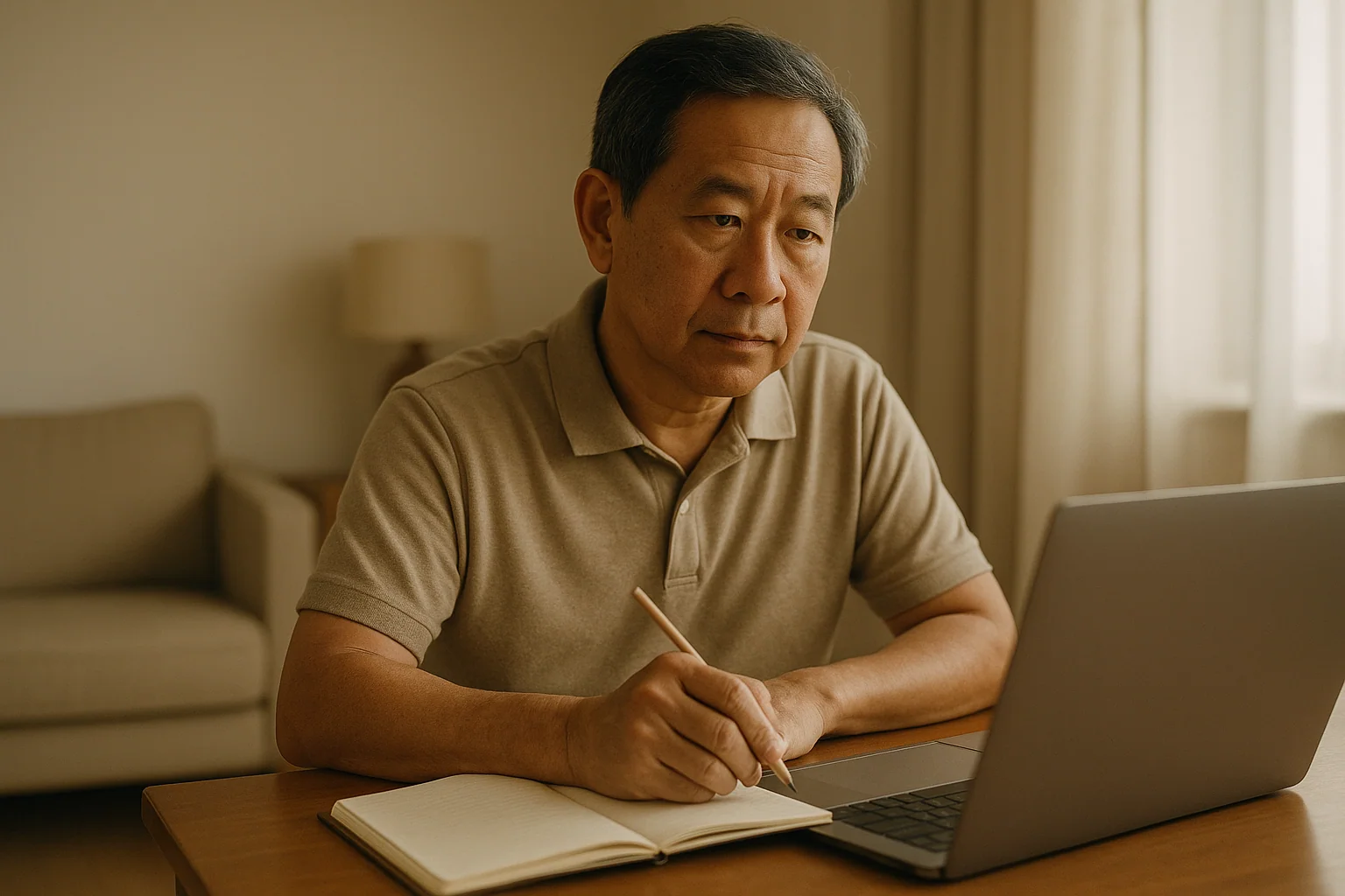 Hero image: A thoughtful man in his 50s in a clinical consultation setting — laptop open, calm expression. Conveys problem-solving and informed decision-making, not despair.