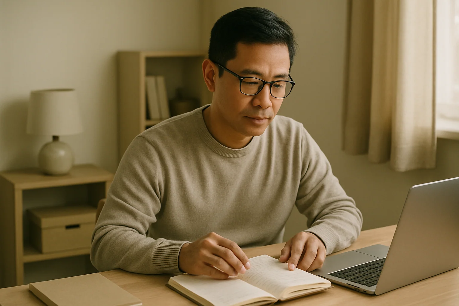 Hero image: A man reviewing a medication pack at home — calm, modern Singapore apartment setting. No clinical or alarming framing. Thoughtful, not distressed.