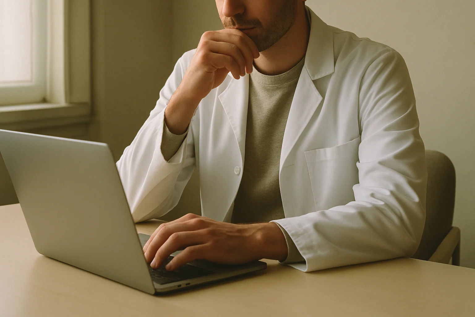 Man sitting thoughtfully at a desk with a prescription medication box visible, looking at information on a laptop. Calm and reflective mood. Soft lighting, neutral home or office setting. Not alarming. No clinical signage. No face needed — mid-body frame.