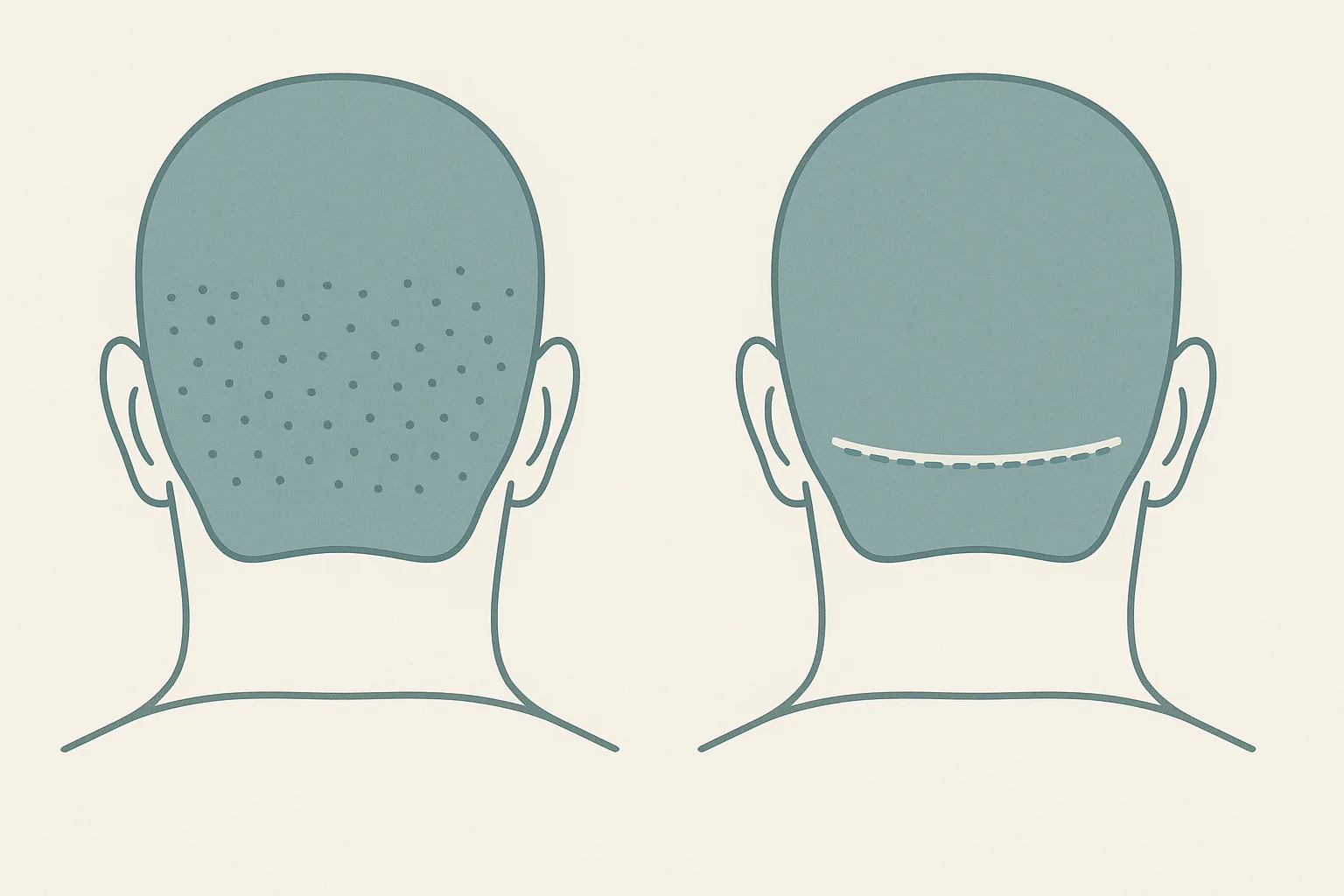 Hero image: Side-by-side medical diagram showing FUE extraction (individual punch marks across donor area) vs FUT linear strip scar on the back of the scalp. Clean clinical illustration, no faces.