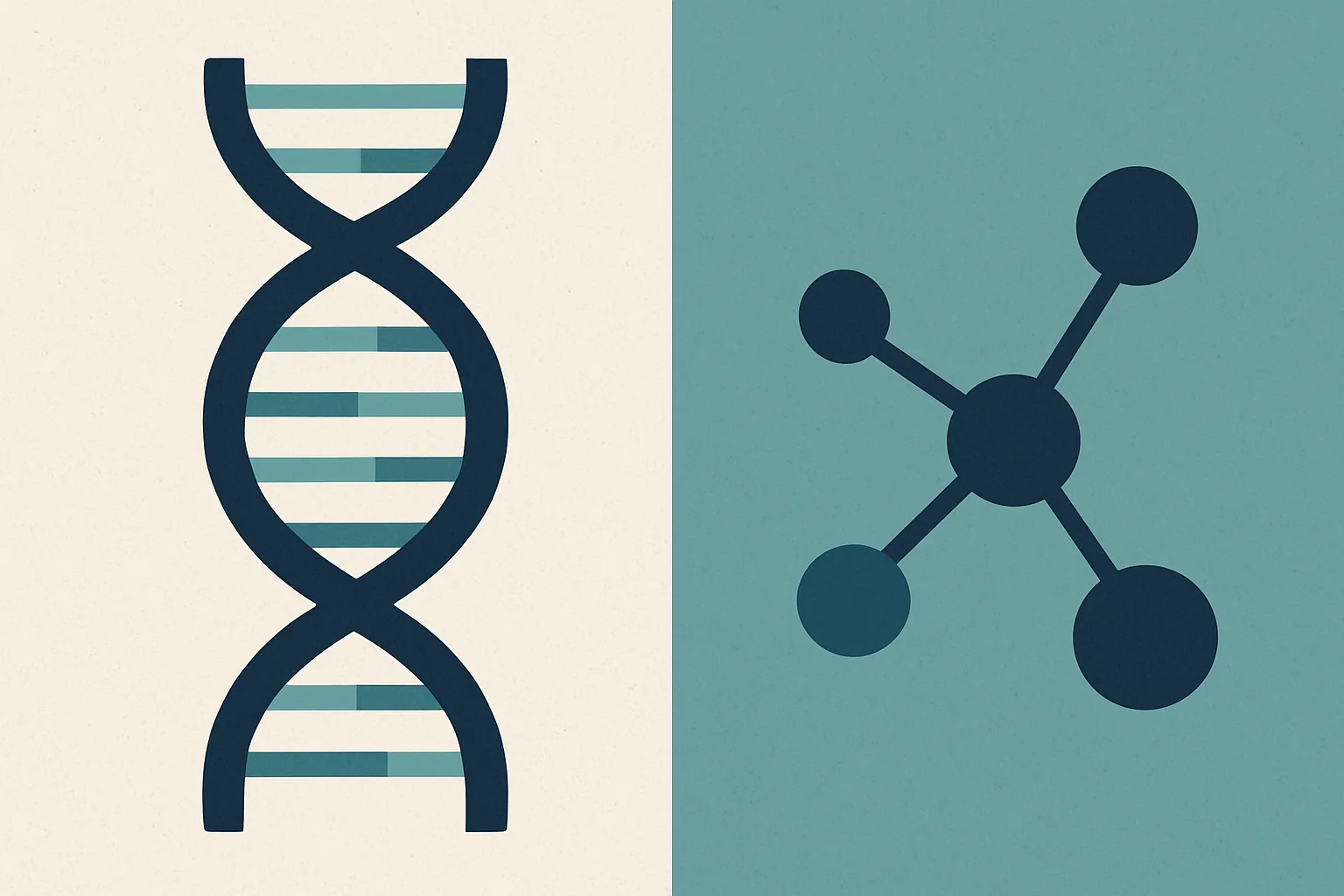 Split graphic: one side shows a stylised DNA helix representing genetics; the other shows a molecular structure representing hormones (DHT). Clean infographic style, teal and navy palette. No faces.