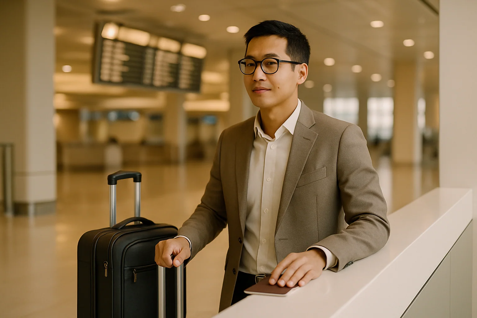 A Singapore man at Changi Airport checking in, small medical cool bag in hand alongside his main luggage; confident, organised expression, travel gates in background.