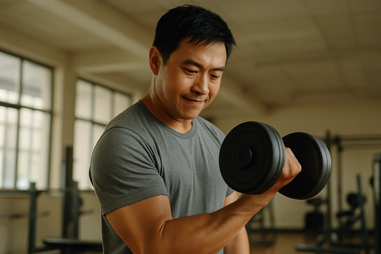 A Singapore man in his late 30s, noticeably fitter, lifting weights in a modern gym with natural lighting; determined but relaxed expression. Mid-set, real effort visible.