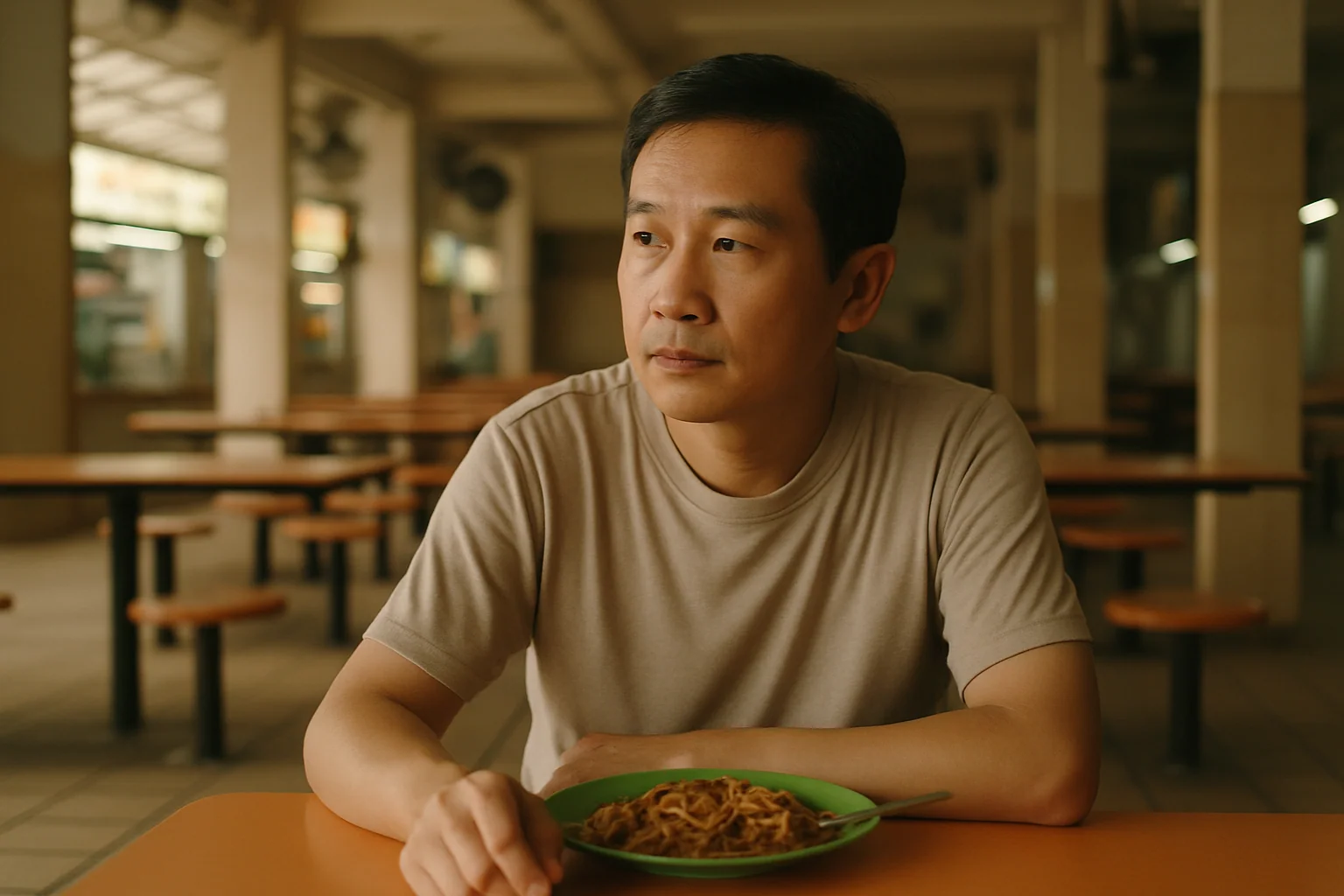 A man sitting at a Singapore hawker centre table, looking slightly uncomfortable but not distressed, with a small portion of food in front of him; warm ambient lighting.