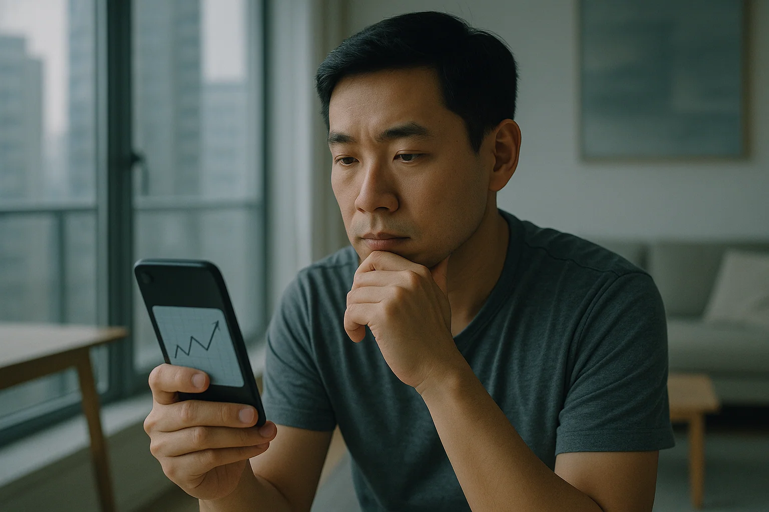 Flat-line graph on a digital health app screen; a Singapore man in his 30s looks at his phone thoughtfully in a modern apartment, soft blue-green medical tones.