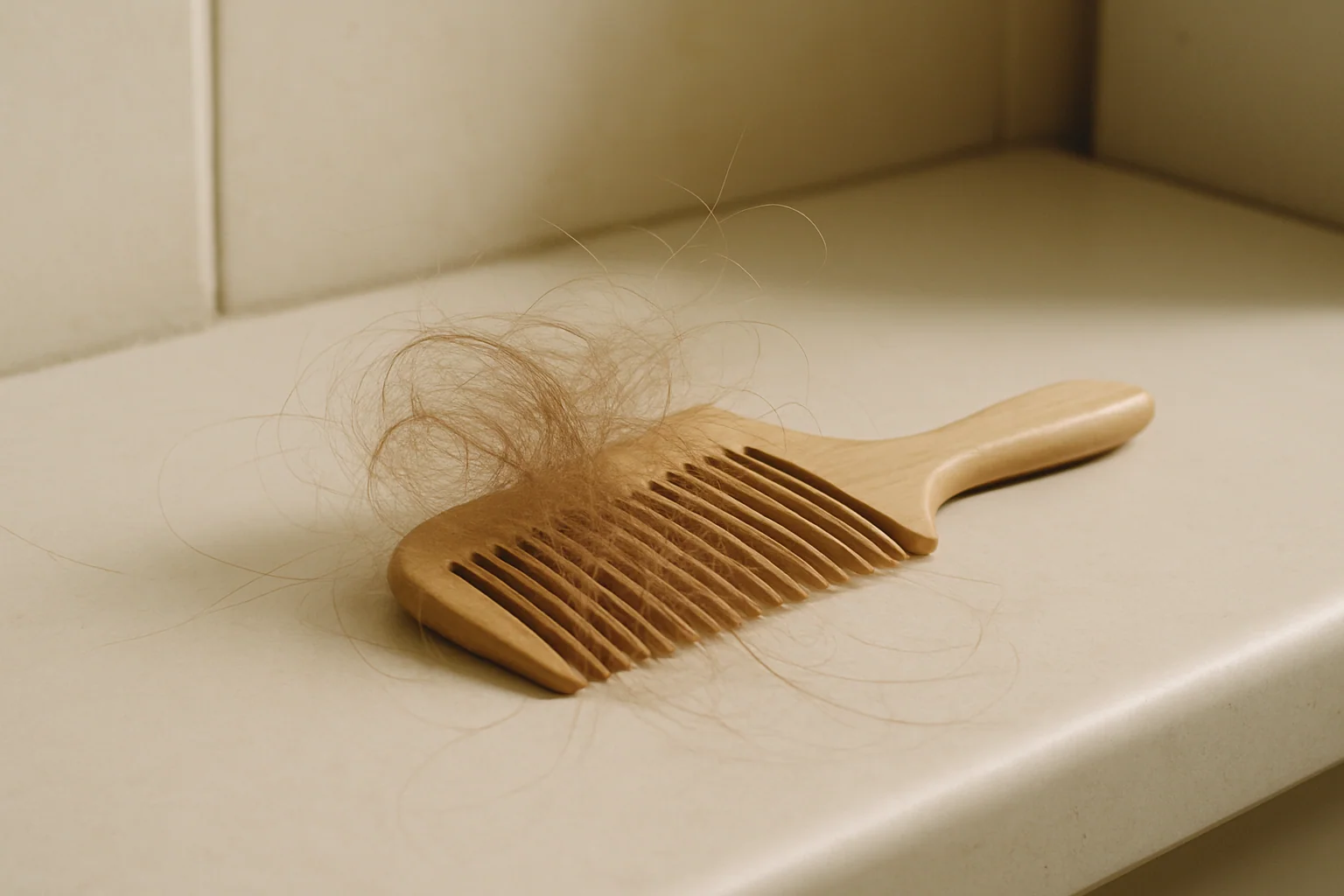 Hero image: Close-up of loose hairs collected in a comb or on a bathroom sink — diffuse shedding. Clean, neutral bathroom background. No faces. Empathetic, clinical tone.