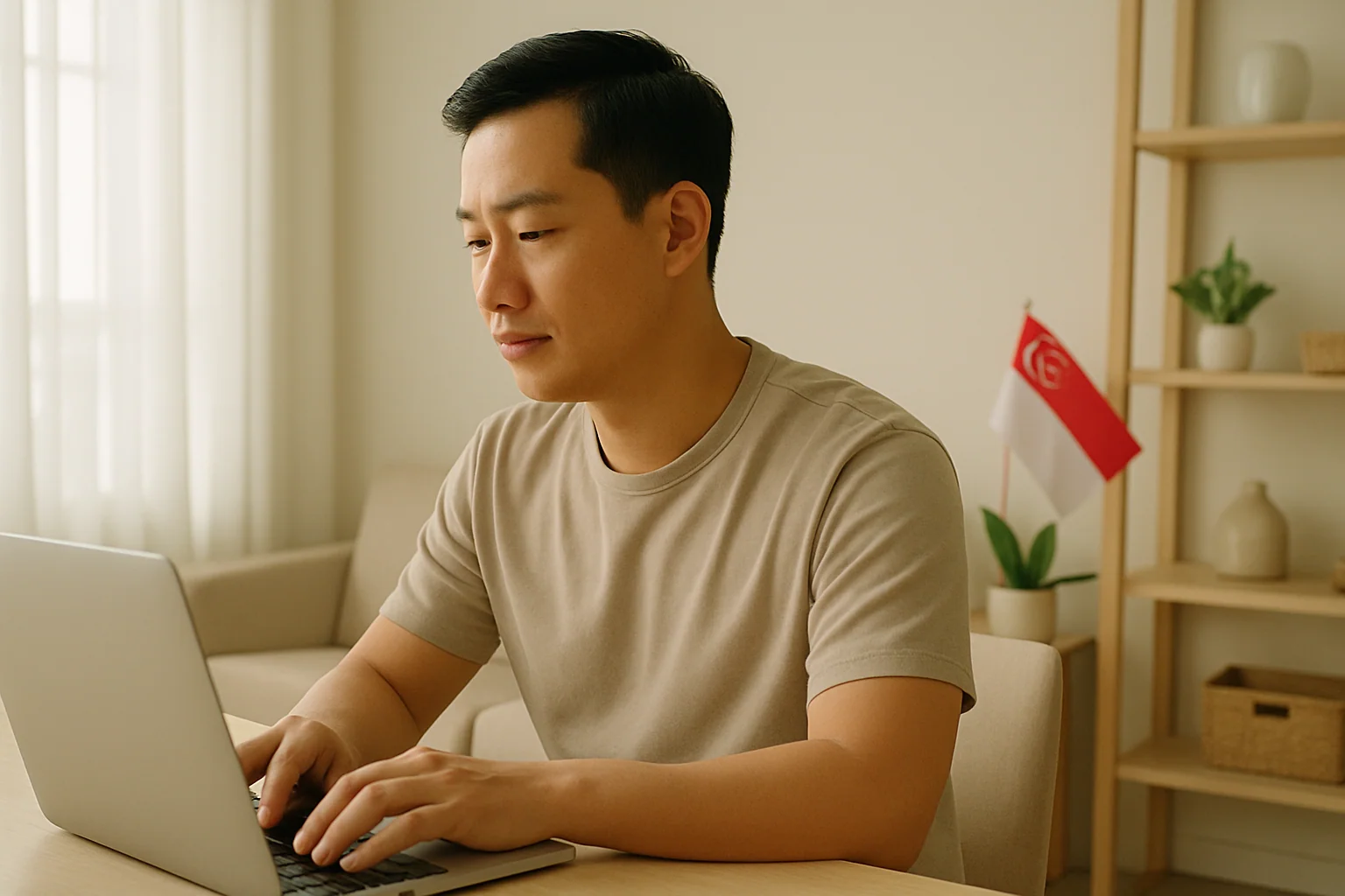 Hero image: Man in a clean, modern telehealth consultation — seated with a laptop, with a calm, purposeful expression. Singapore context (bright, modern home setting). No clinical signifiers needed. Approachable, professional.