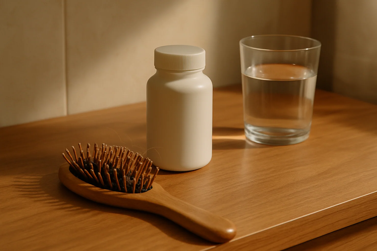 Hero image: GLP-1 injection pen next to a bottle of minoxidil on a clean white surface. Suggests intersection of two treatment types. No faces, no brand names on products.
