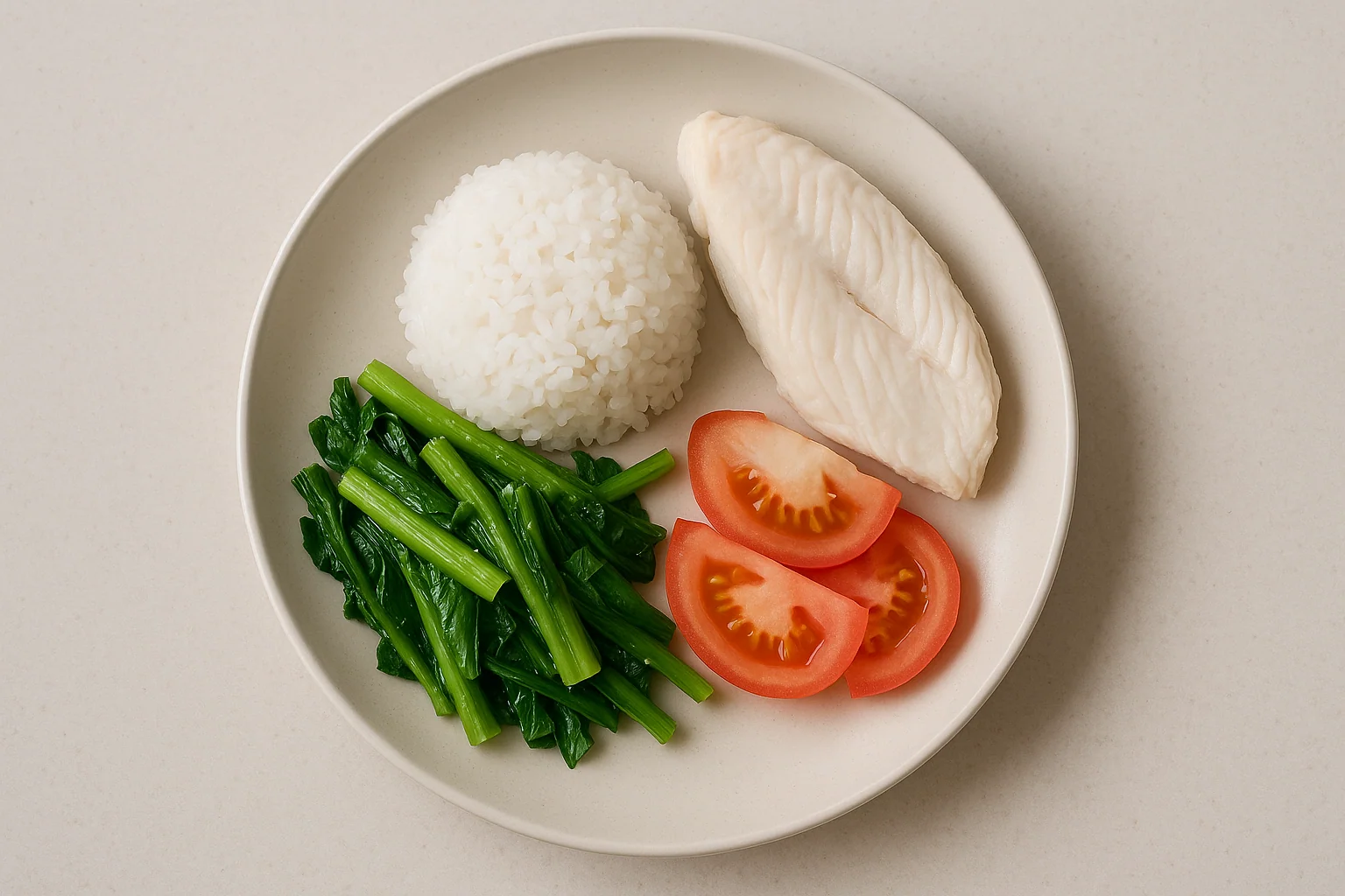 A balanced economy rice tray at a Singapore hawker centre with steamed fish, greens, and a small portion of rice, neutral lighting.