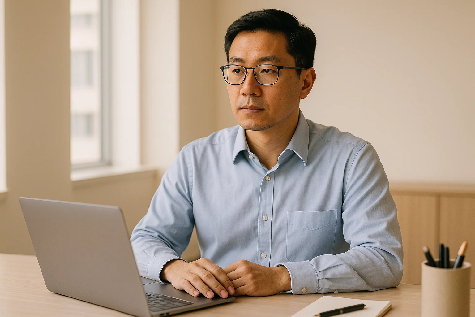 Hero image: an Asian man, late 30s, smartly dressed in business casual, standing in a modern Singapore CBD office with floor-to-ceiling glass windows behind him — looking at his phone, expression neutral but slightly vacant. Clean, professional setting.