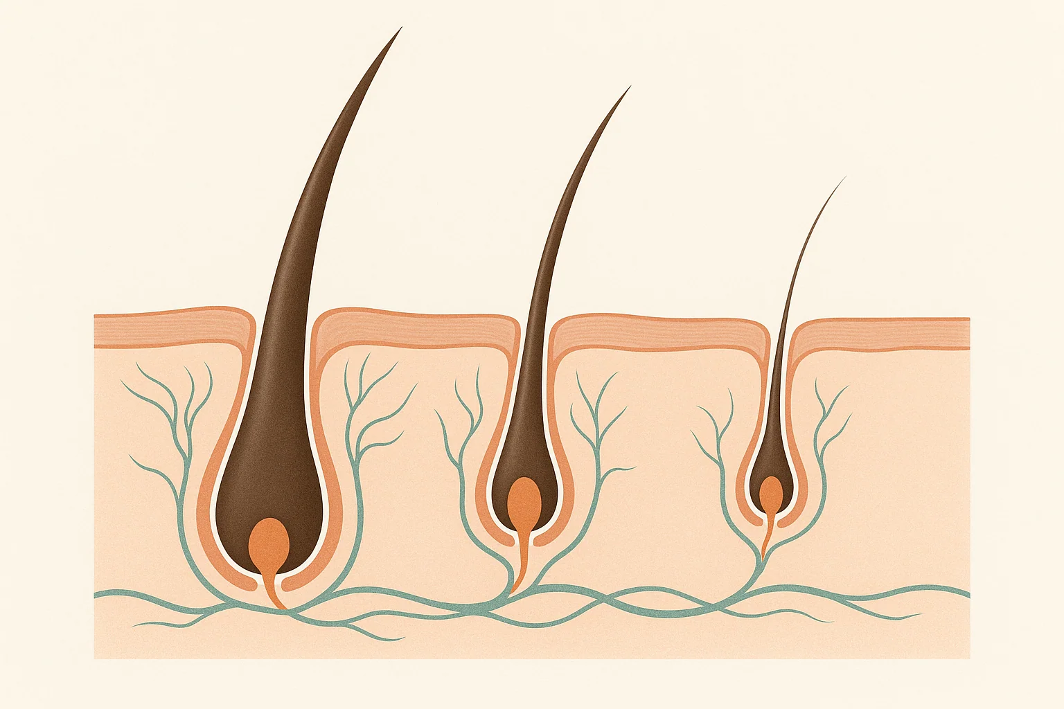 Close-up cross-section diagram of a hair follicle showing miniaturisation stages — from thick terminal hair to fine vellus hair — with clean medical illustration style on a white background. No faces.