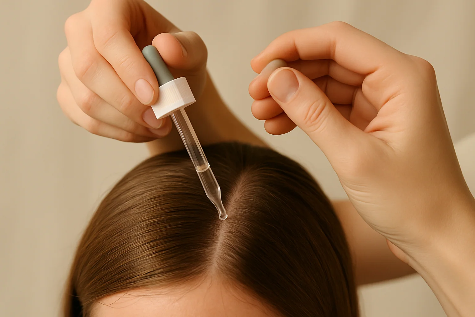 Top-down view of a scalp with a dropper/applicator tip shown applying solution to a parted section, with hands holding the applicator. Clinical and informative, not alarming. Warm studio lighting, clean background. No face shown.